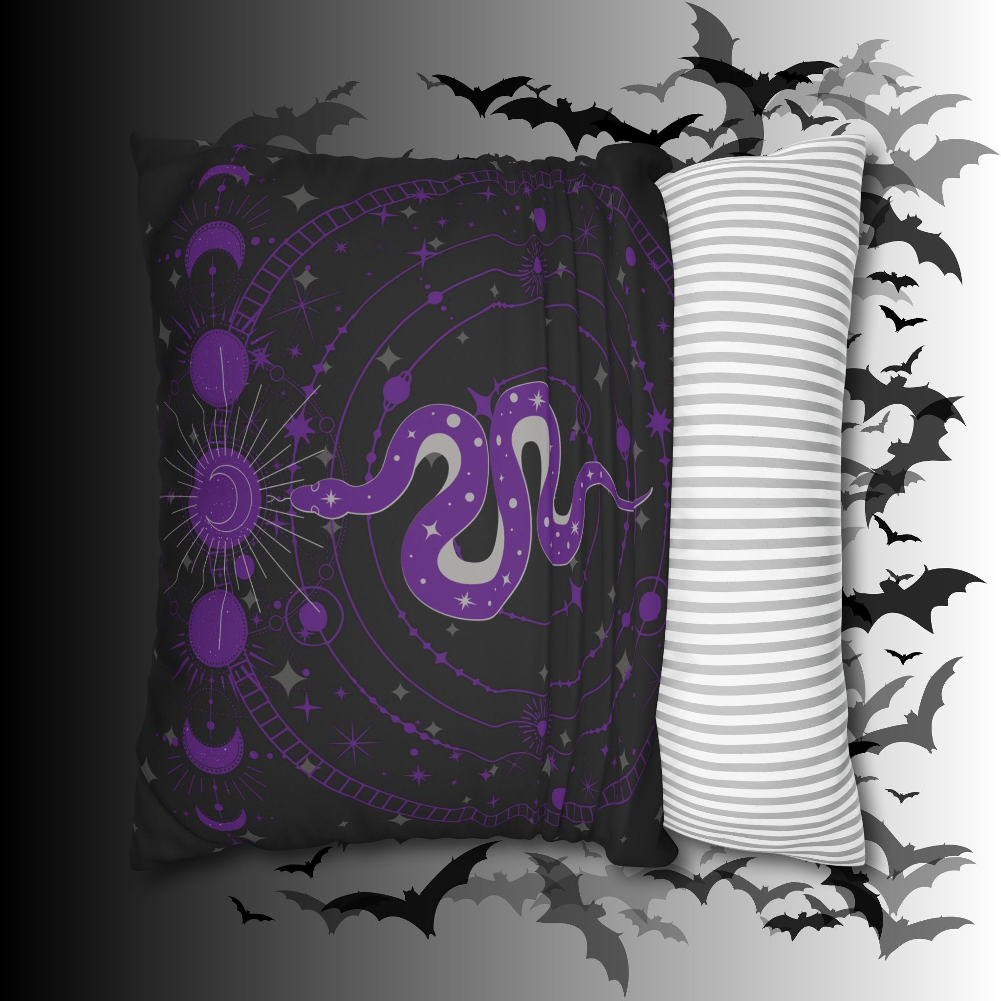 Purple Celestial Snake Moon Phases Throw Pillow — Witchy Gothic Dark Home Decor