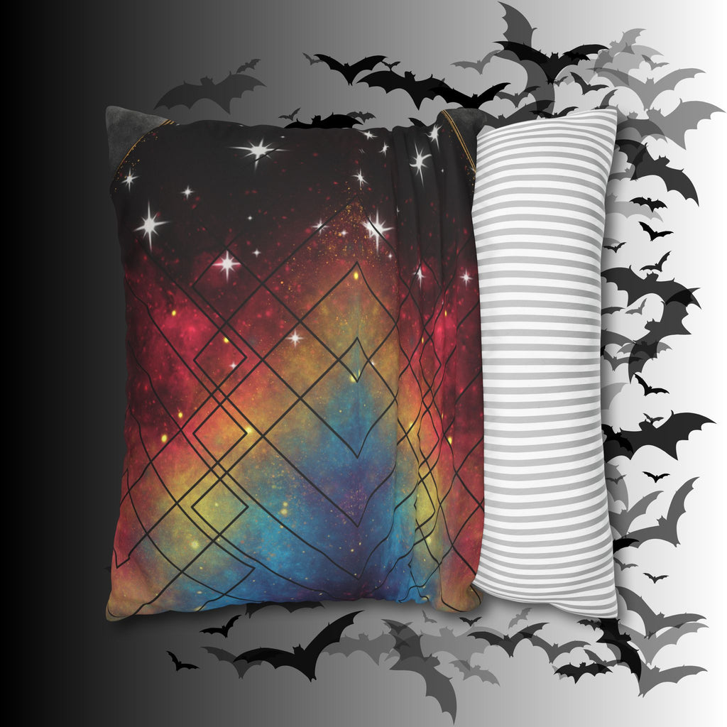 Rainbow Galaxy Geometric Throw Pillow — Celestial Cosmic Dark Home Decor