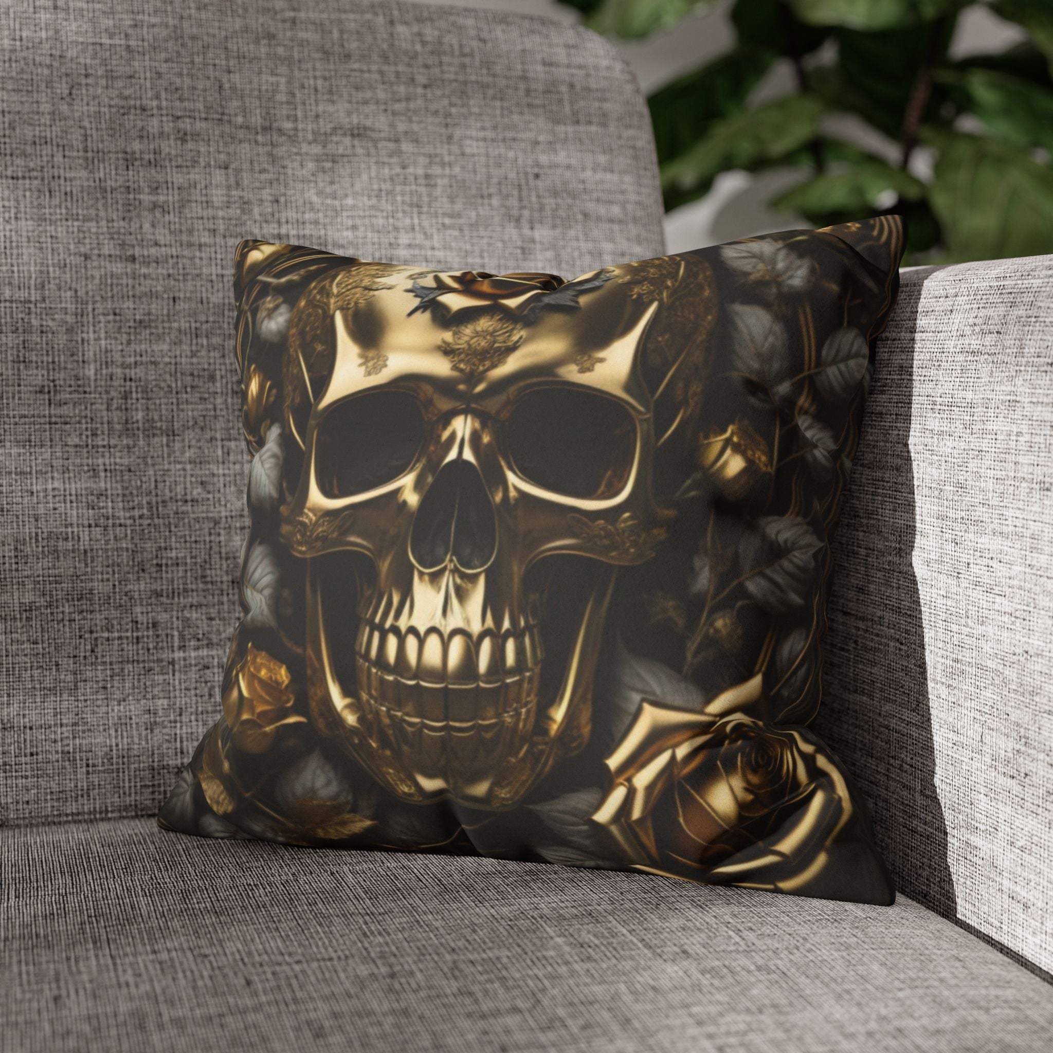 Gothic Gold Black Rose Skull Throw Pillow — Dark Floral Botanical Home Decor
