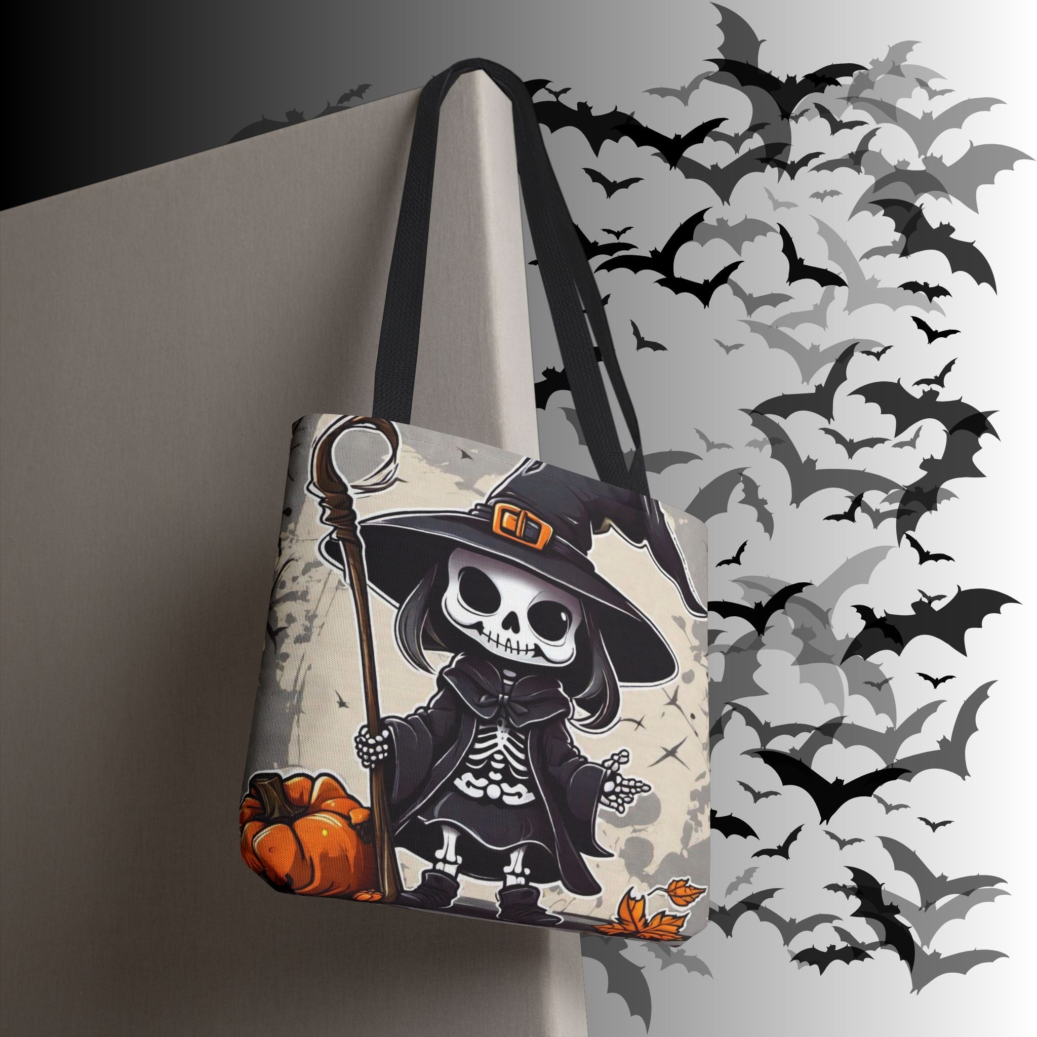 Skeleton Witch Halloween Tote Bag — Spooky Chibi Witch Print