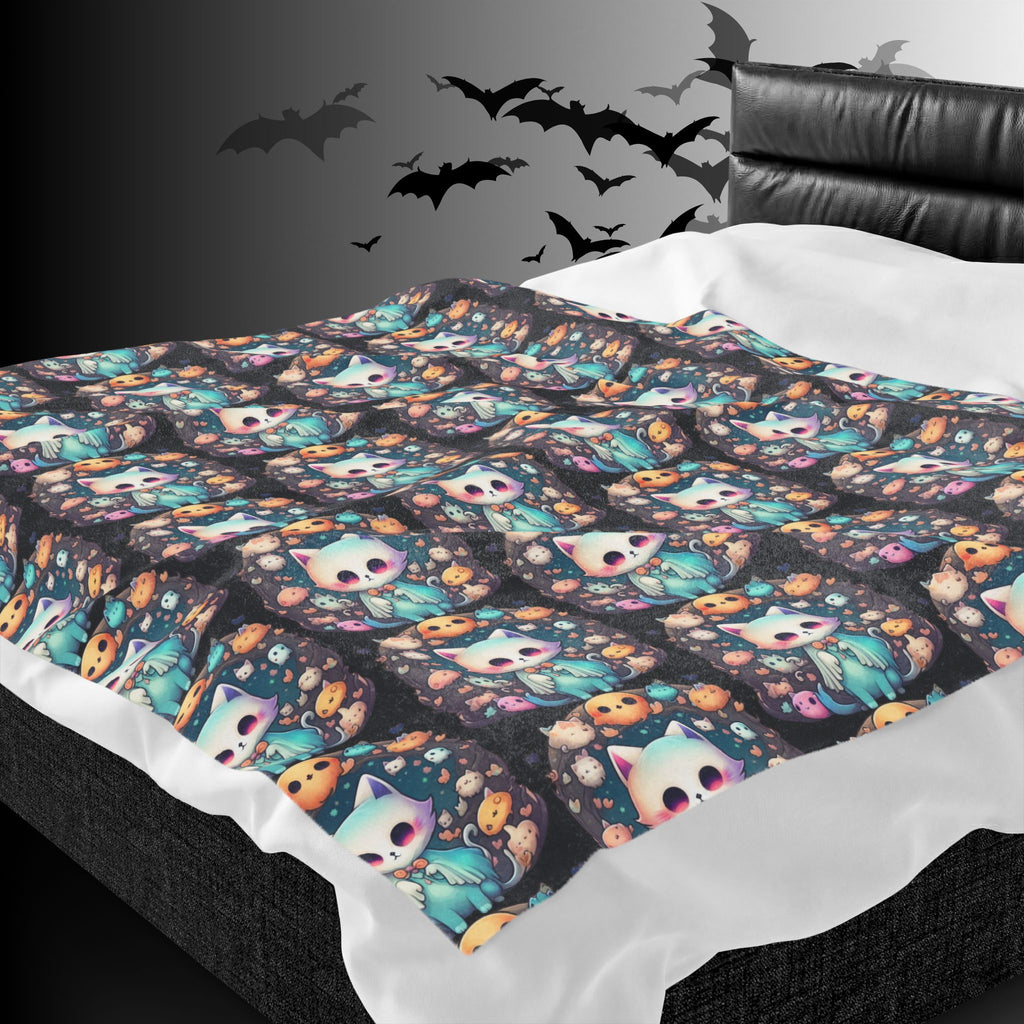 Creepy Cute Kawaii Cat Throw Blanket — Pastel Goth Ghost Dark Home Decor