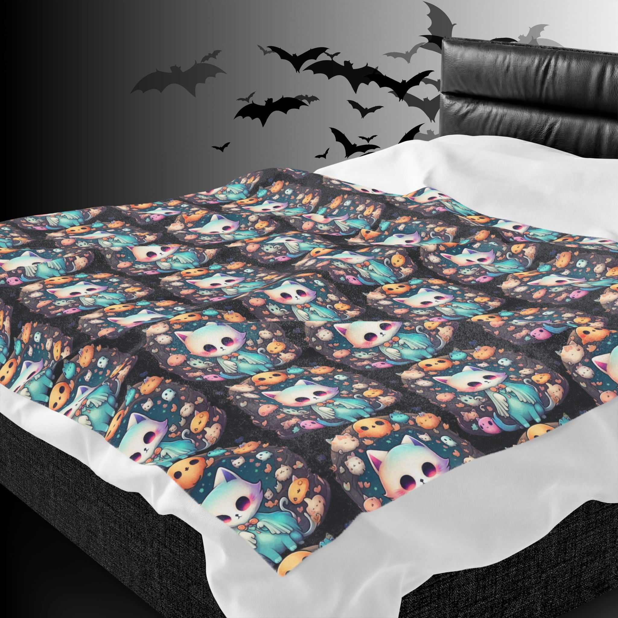 Creepy Cute Kawaii Cat Throw Blanket — Pastel Goth Ghost Dark Home Decor