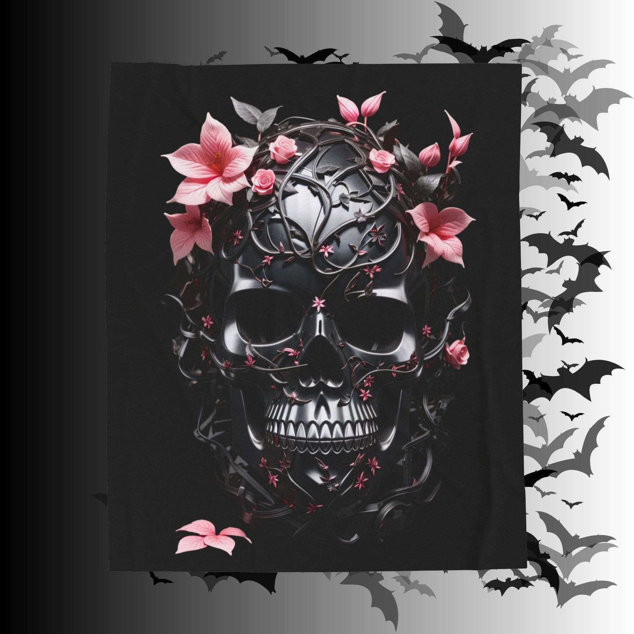 Pastel Goth Black & Pink Botanical Skull Throw Blanket — Dark Floral Home Decor