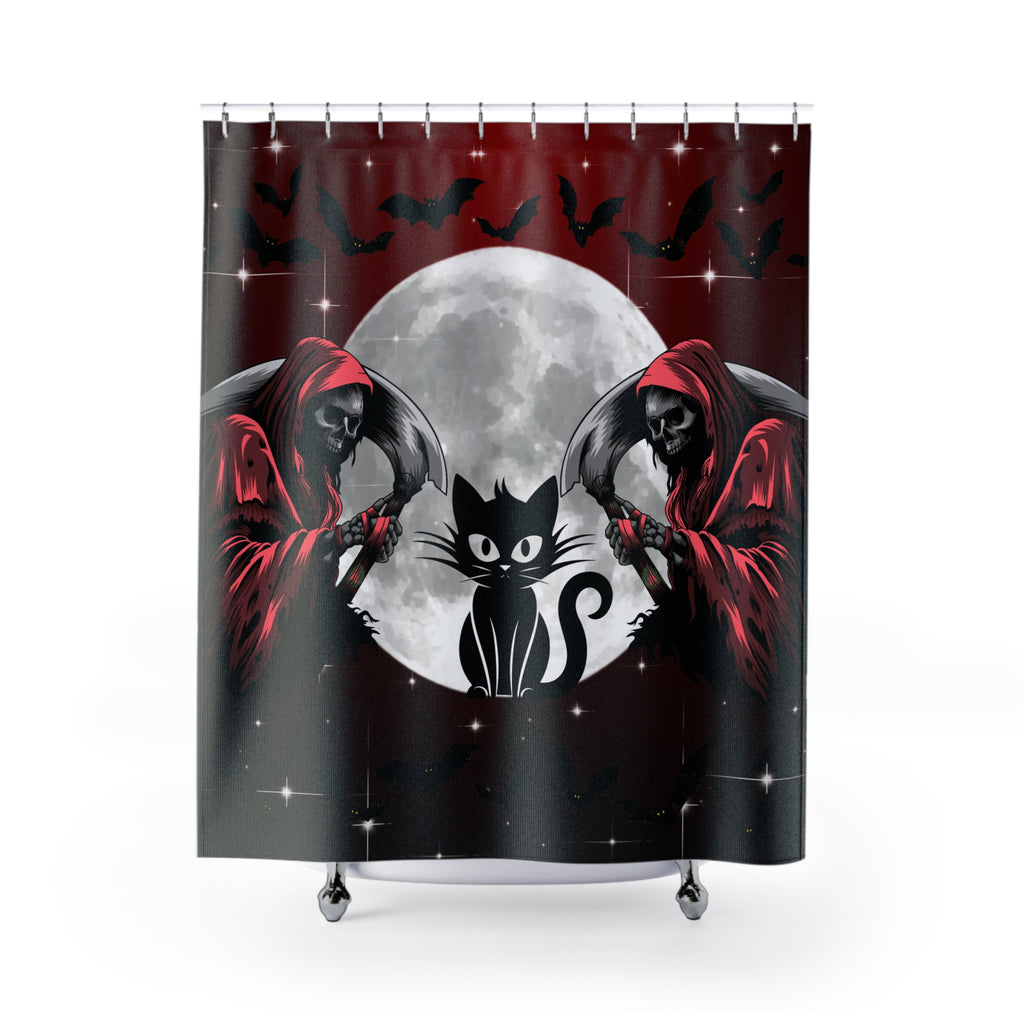 Gothic Grim Reaper Cat Full Moon Shower Curtain — Halloween Bathroom Decor