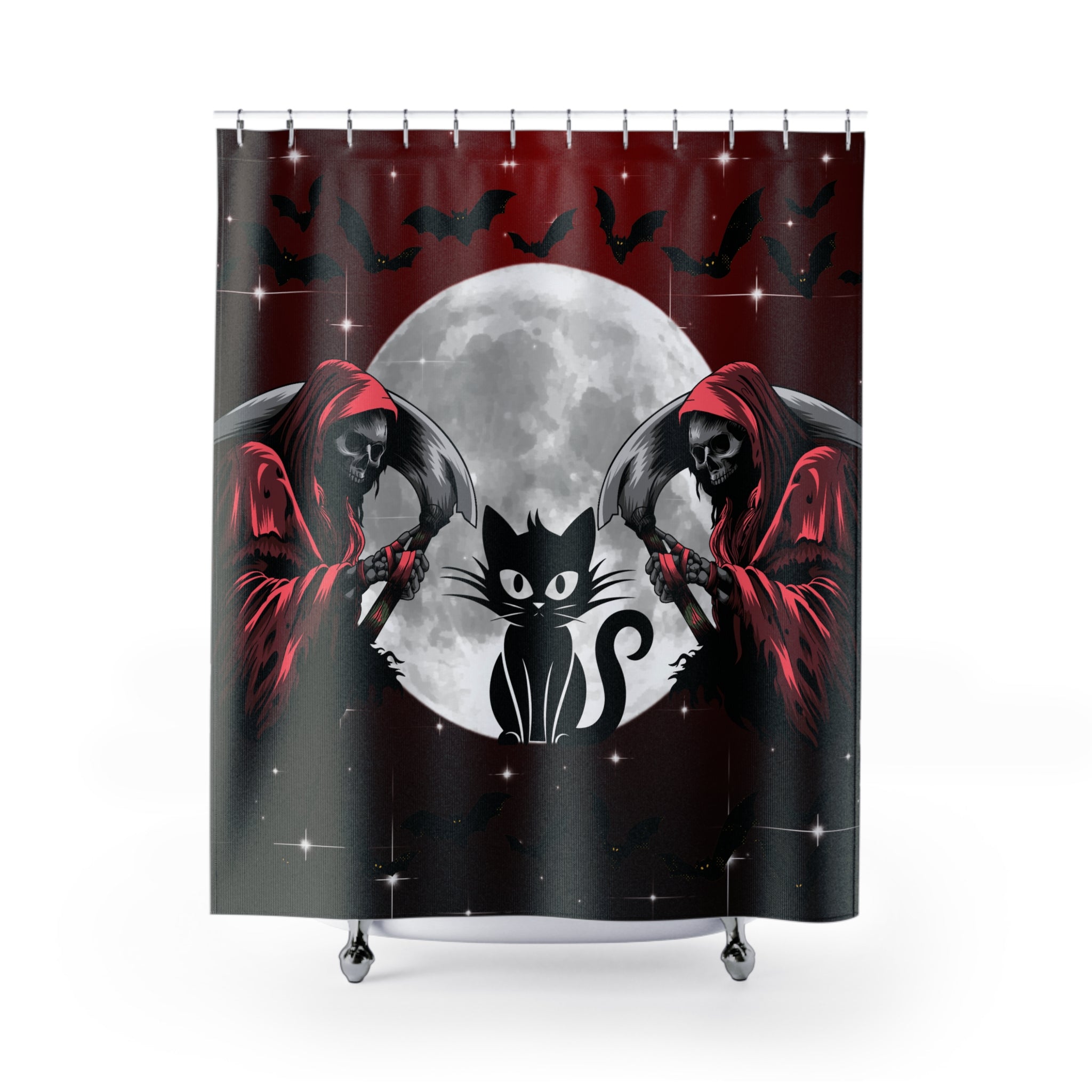 Gothic Grim Reaper Cat Full Moon Shower Curtain — Halloween Bathroom Decor