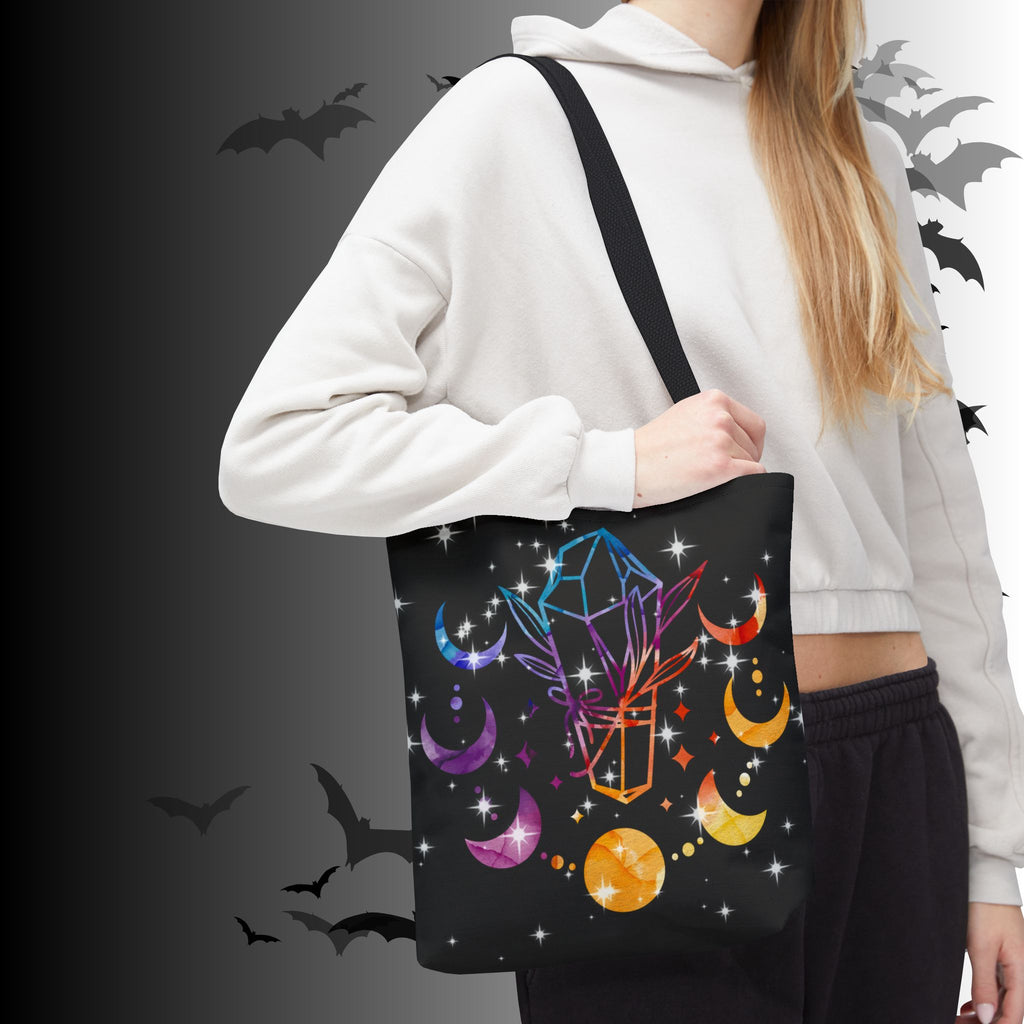 Rainbow Crystal Moon Phase Tote Bag — Celestial Witchy Print