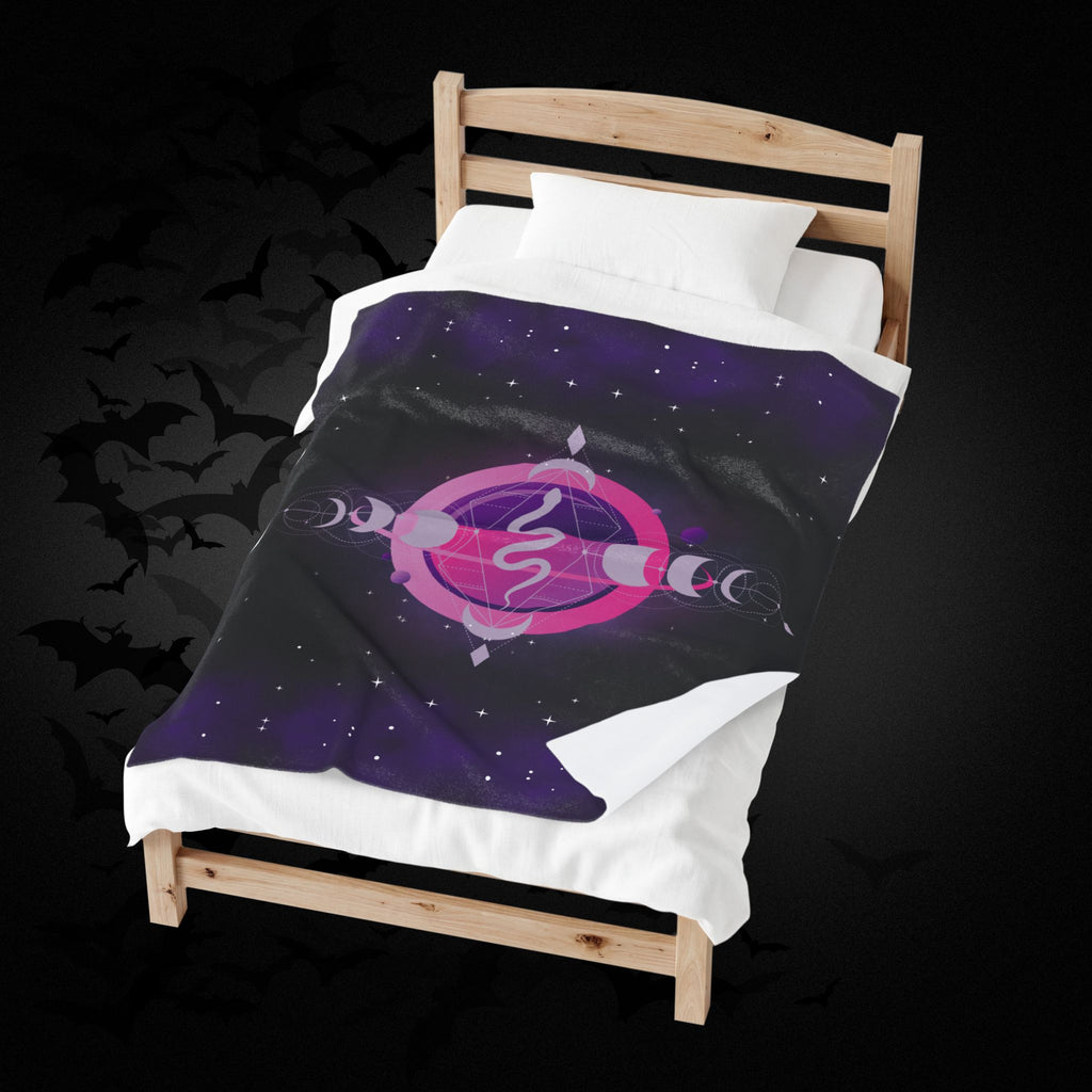 Pastel Goth Celestial Snake Moon Phase Throw Blanket — Pink & Purple Witchy Decor