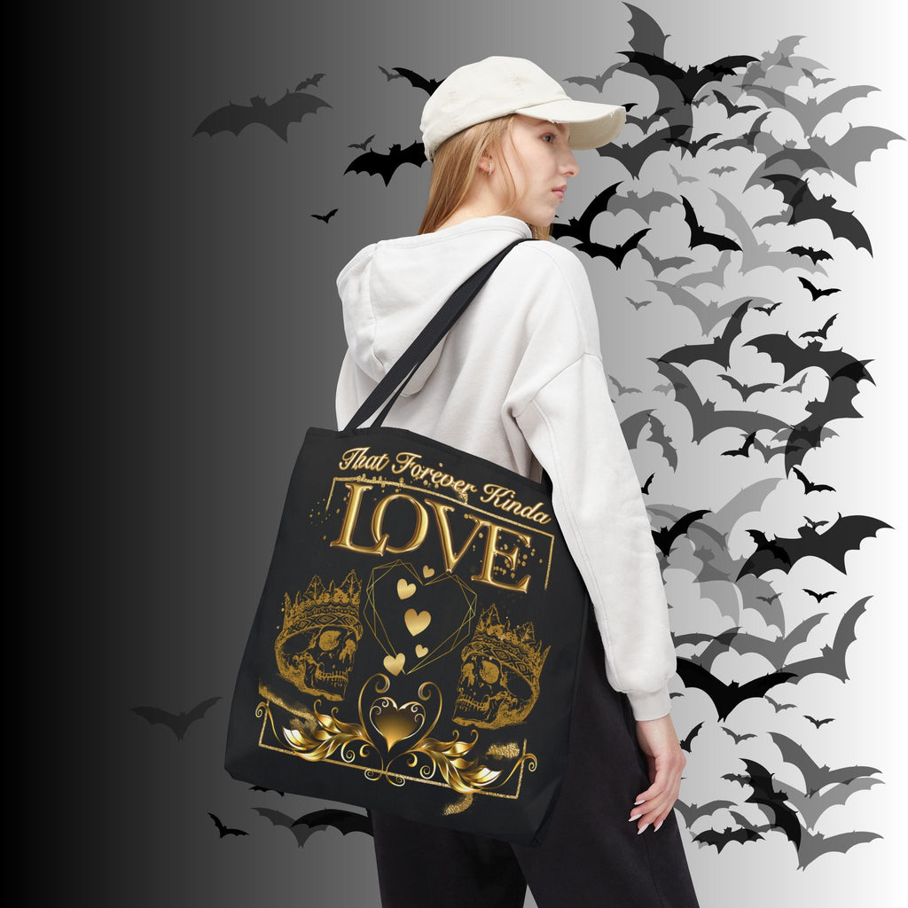 "That Forever Kinda Love" Gothic Skull Crown Tote Bag — Dark Romance Gold Print
