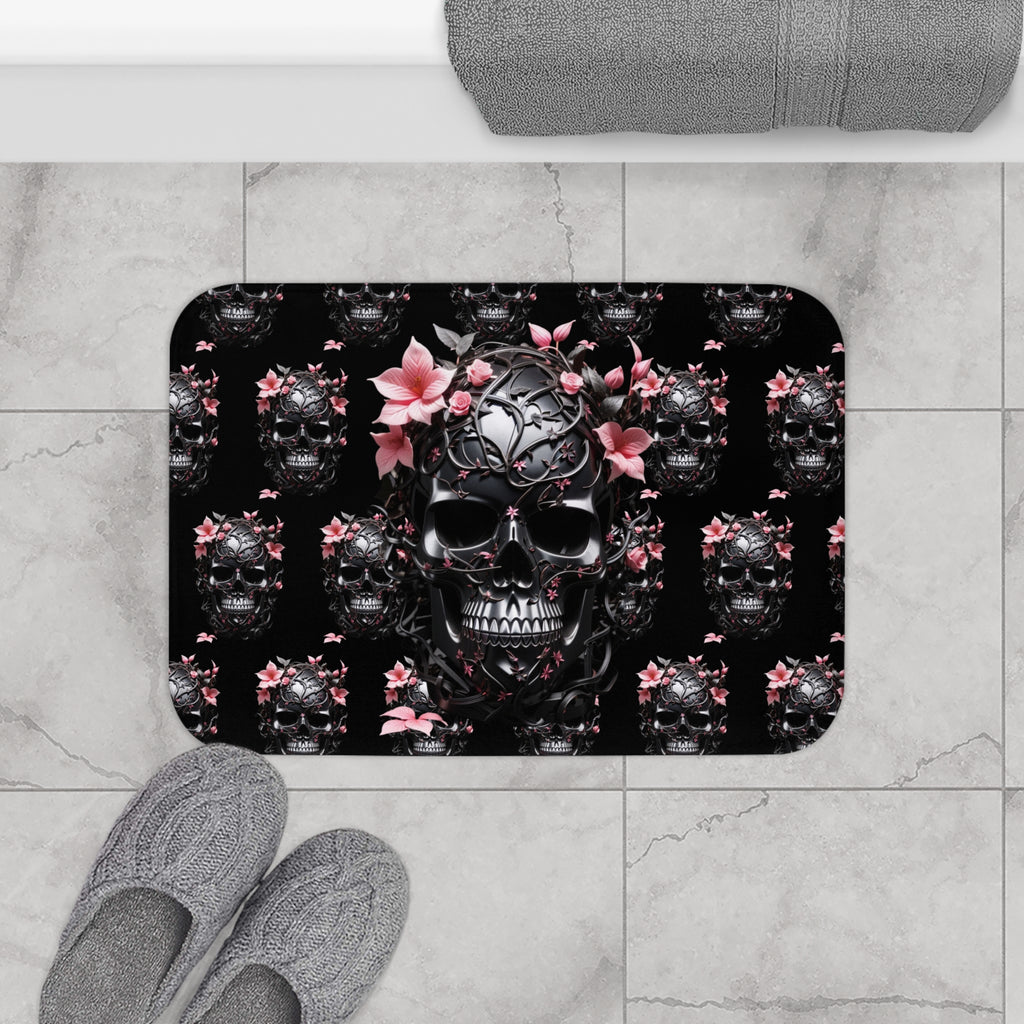 Gothic Floral Skull Bath Mat — Dark Botanical Bathroom Decor