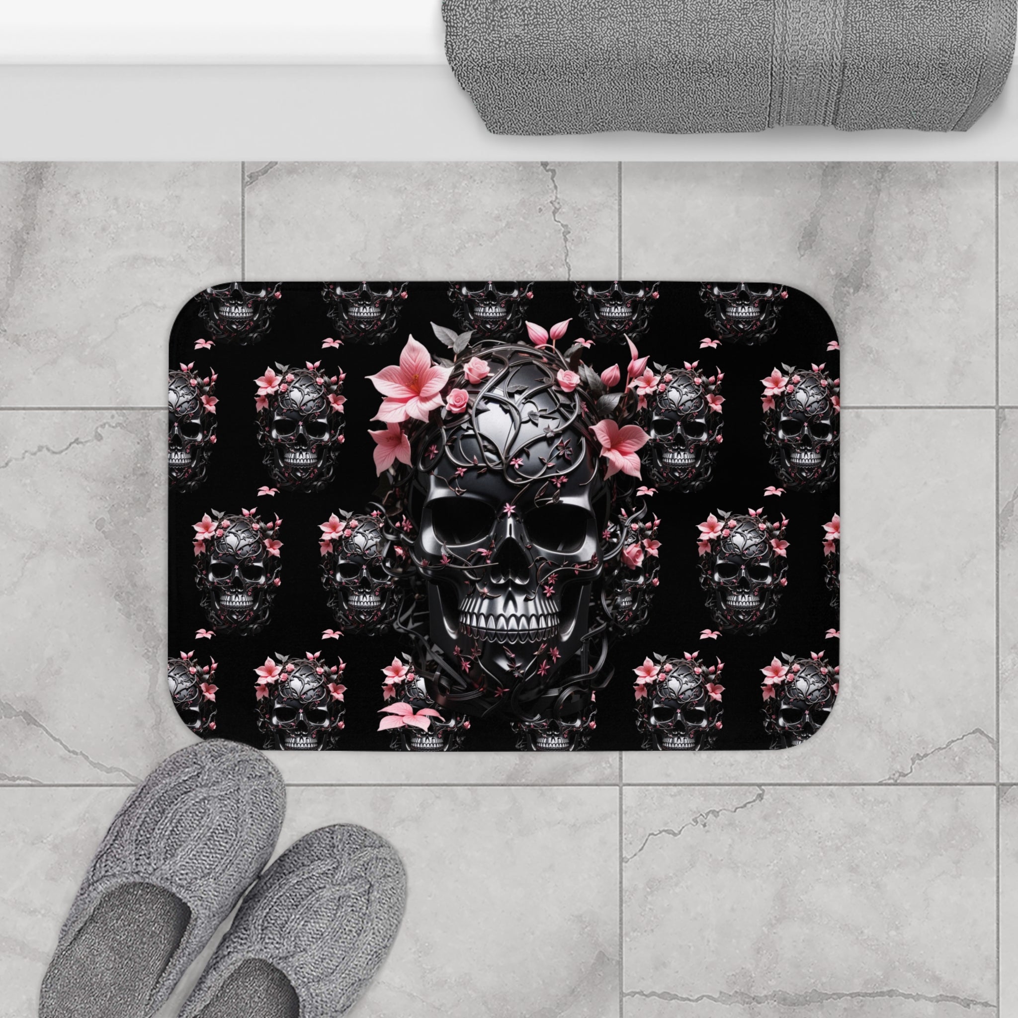 Gothic Floral Skull Bath Mat — Dark Botanical Bathroom Decor