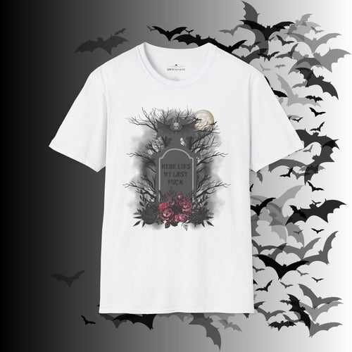 "Here Lies My Last F*ck" Gothic Gravestone T-Shirt — Spooky Humor Tee