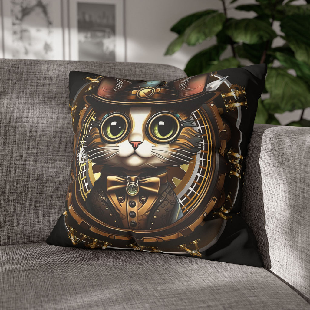 Steampunk Cat Throw Pillow — Vintage Industrial Gothic Home Decor
