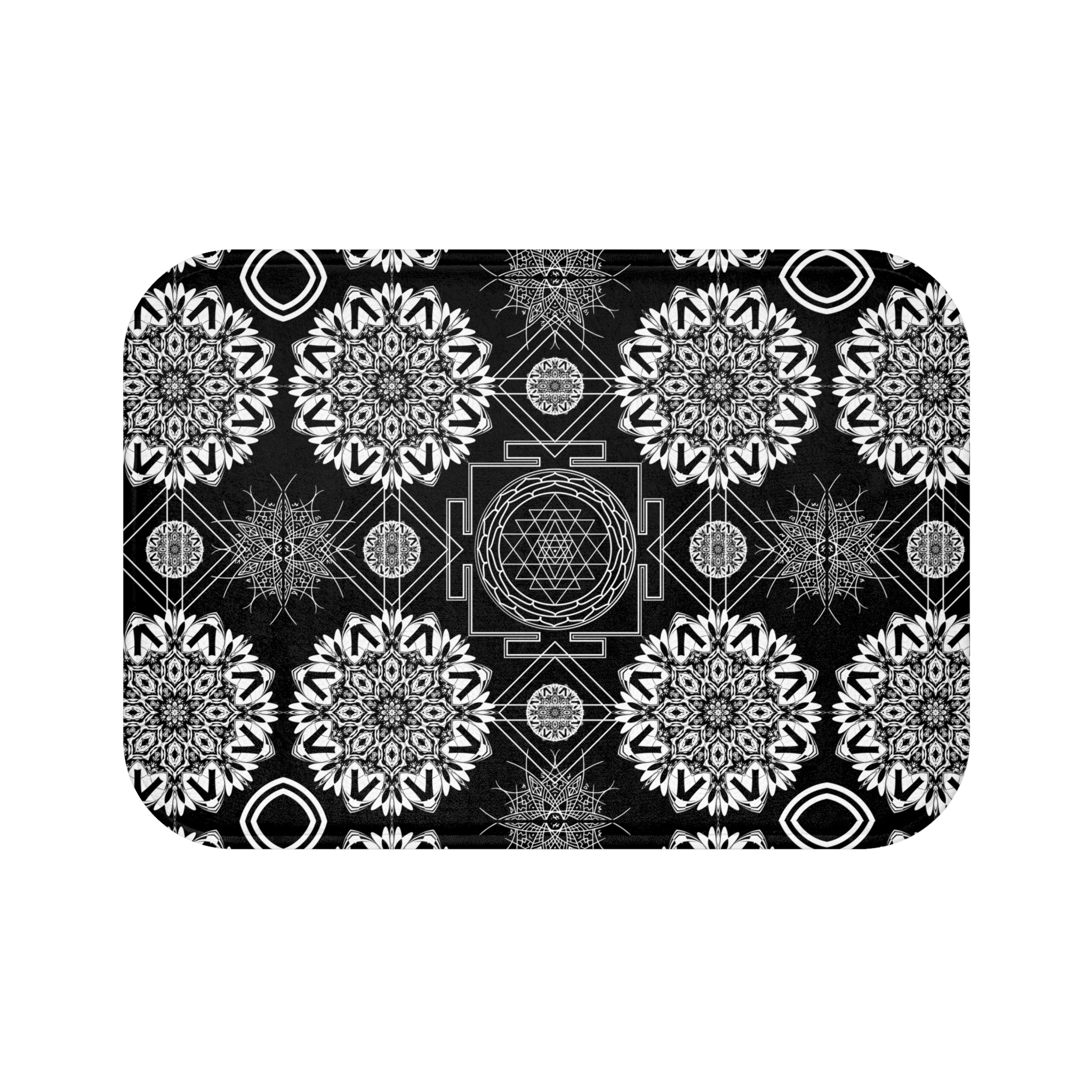 Sacred Geometry Bath Mat — Mystical Black & White Mandala Bathroom Decor