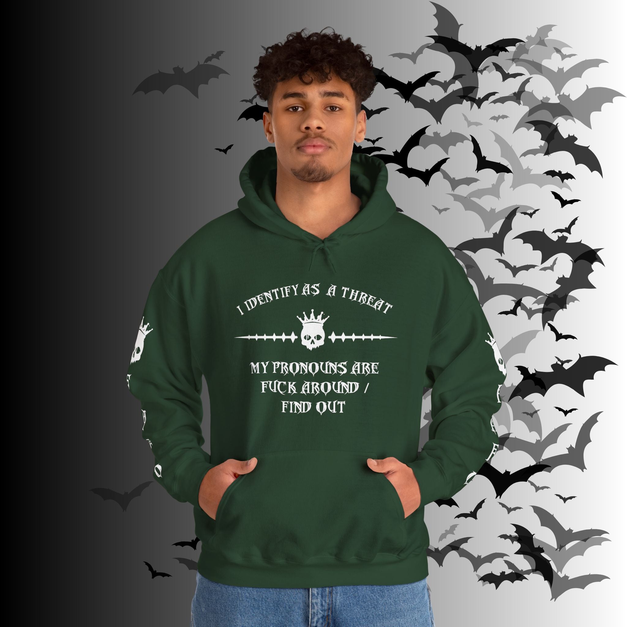 I Identify As a Threat Hoodie — Gothic Skull Sleeve Print FAFO Black