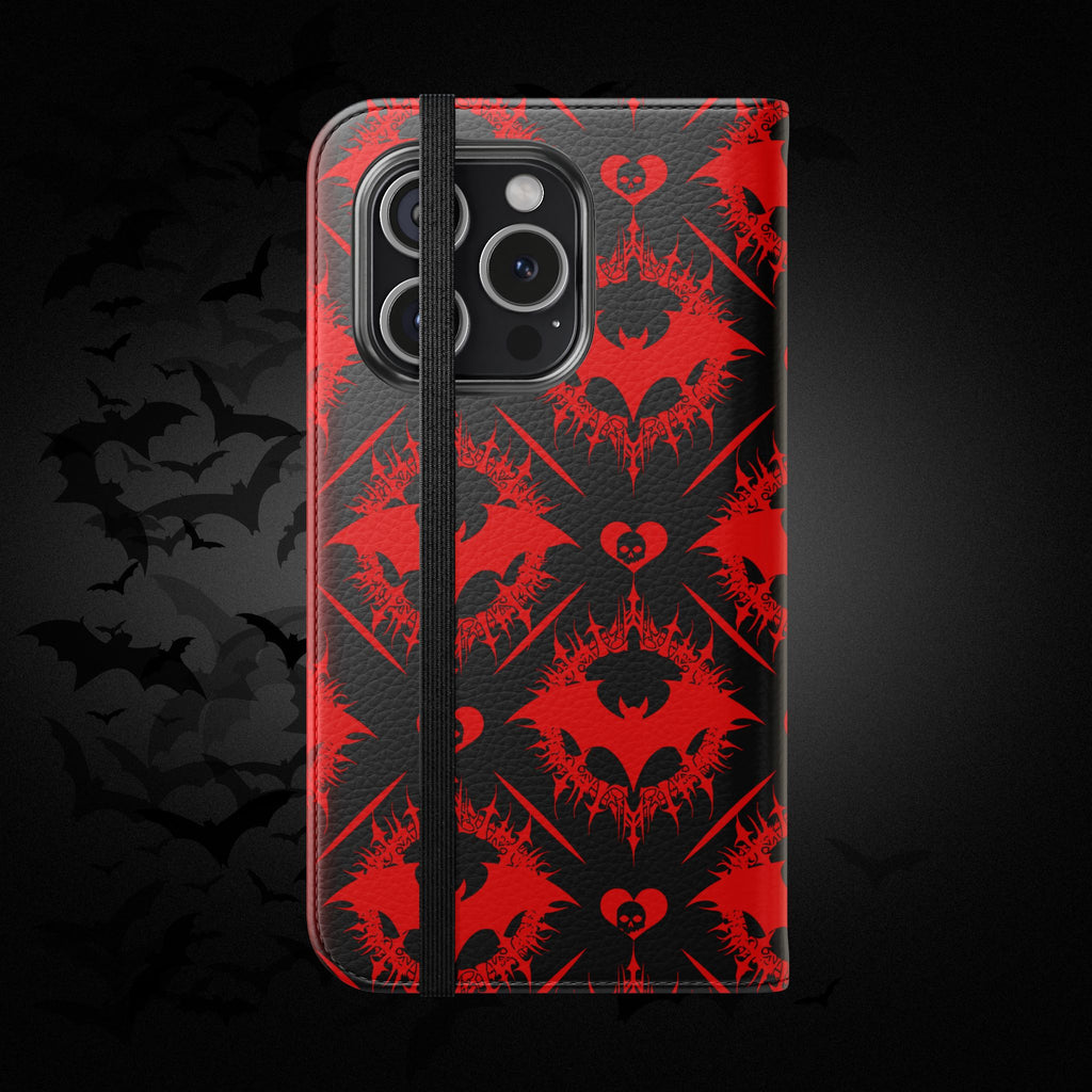 Gothic Bat Wallet Flip Case - Elegant Goth Phone Wallet - Bat Pattern Flip Case - Gothic Phone Case - Stylish Wallet Phone Case