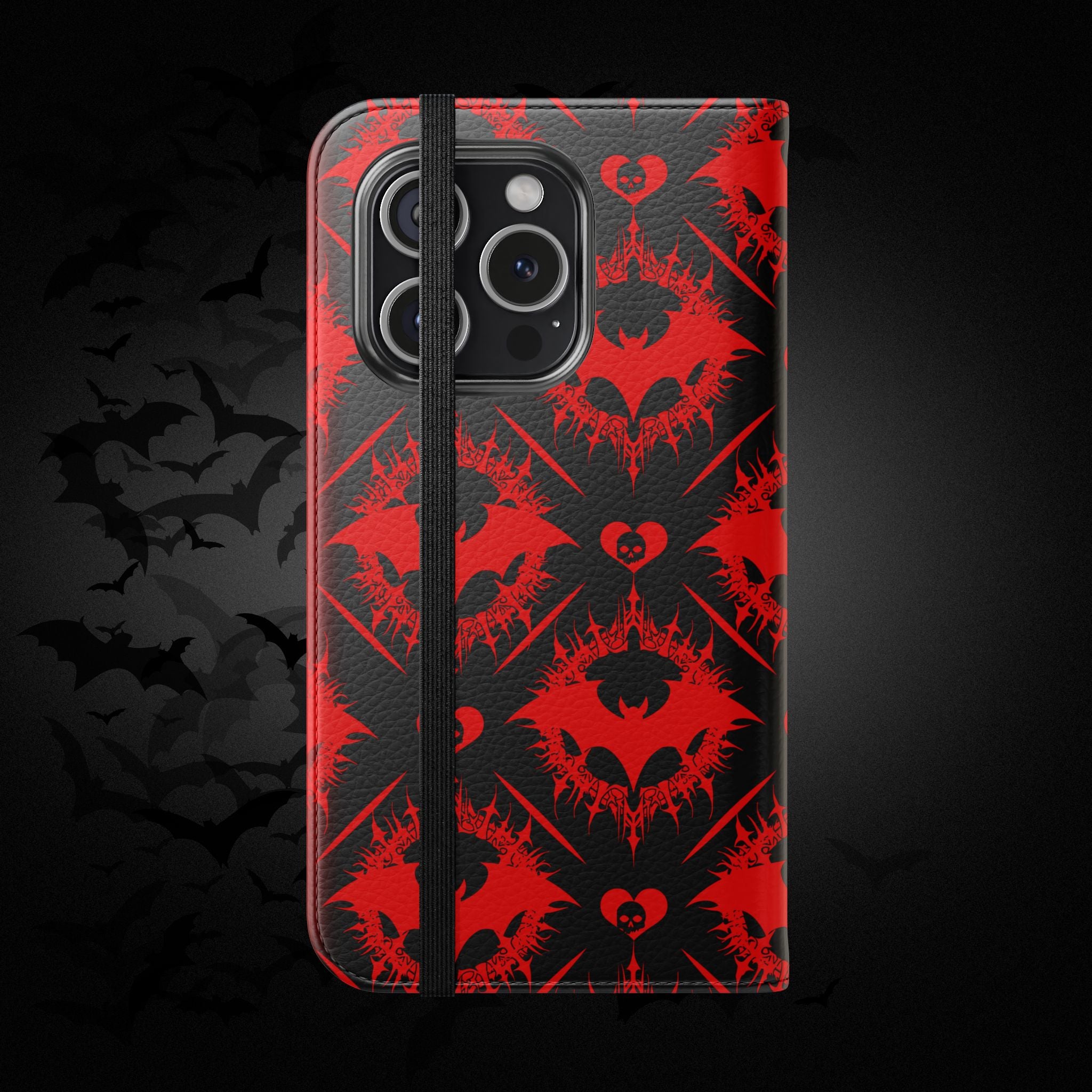 Gothic Bat Wallet Flip Case - Elegant Goth Phone Wallet - Bat Pattern Flip Case - Gothic Phone Case - Stylish Wallet Phone Case