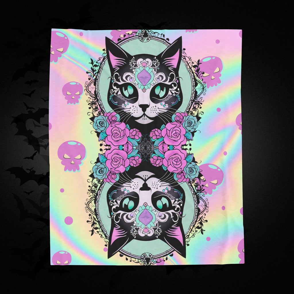 Pastel Goth Sugar Skull Cat Throw Blanket — Floral Gothic Home Decor