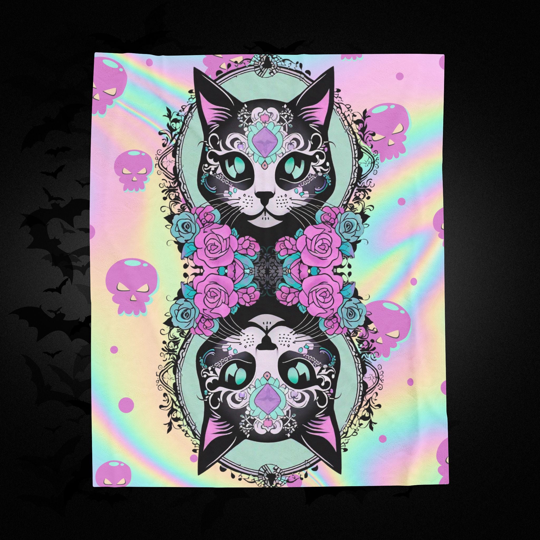 Pastel Goth Sugar Skull Cat Throw Blanket — Floral Gothic Home Decor