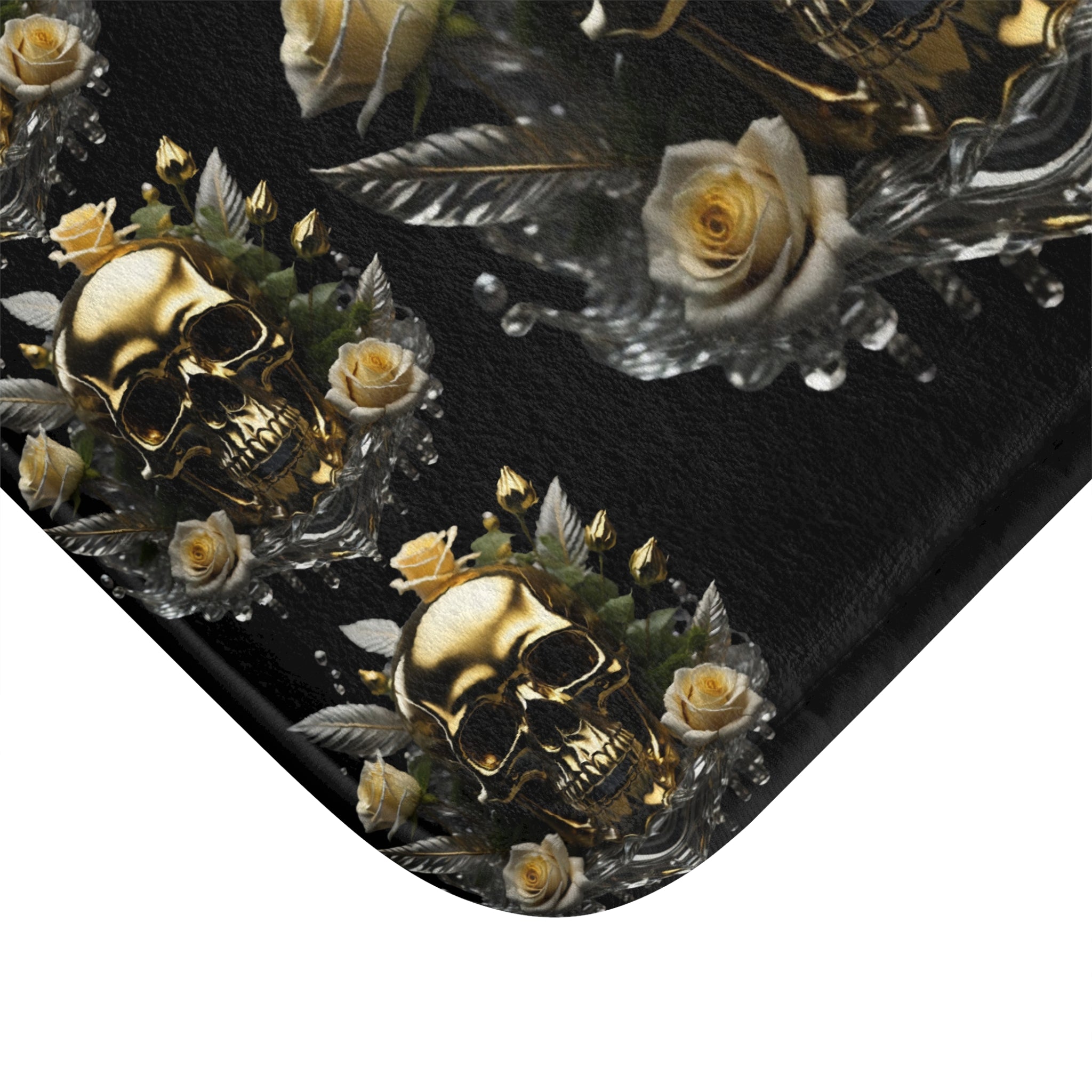 Gothic Gold Skull Crystal Rose Bath Mat — Whimsigoth Bathroom Decor