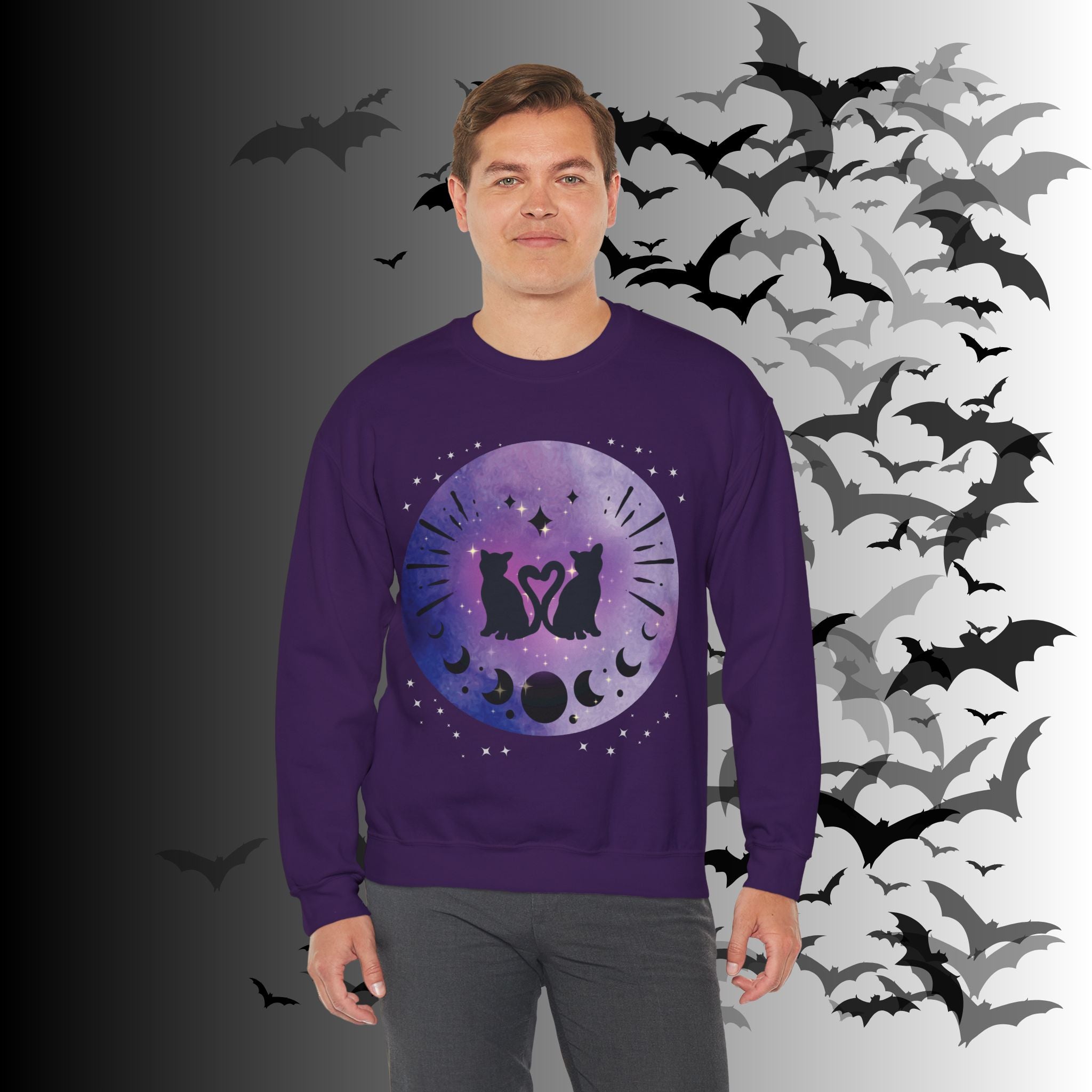 Celestial Twin Cats Heart Moon Crewneck Sweatshirt — Witchy Moon Phase