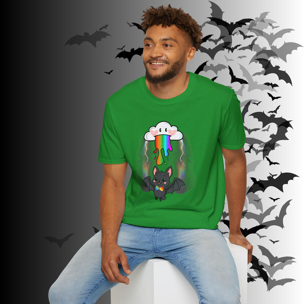 Rainbow Vomit Cloud Bat T-Shirt — Kawaii Goth Pride Unisex Tee