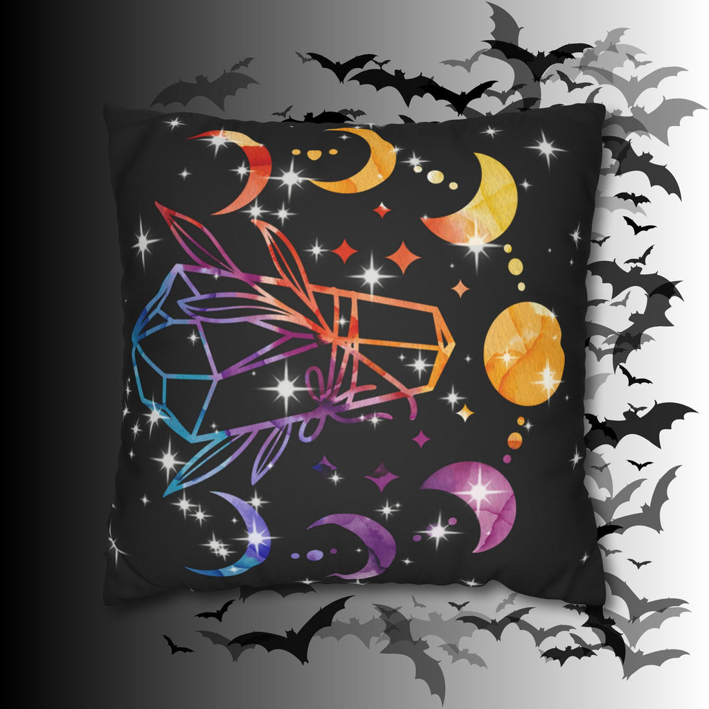 Rainbow Crystal Celestial Throw Pillow — Witchy Gothic Dark Home Decor
