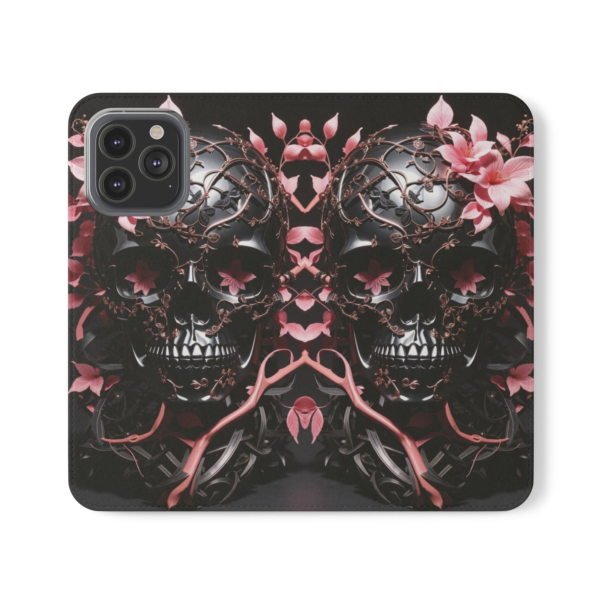Pink Pastel Goth Skull Flip Wallet Phone Case - Skull Wallet Case for Samsung iPhone - Gothic Style Skull Wallet Phone Cases