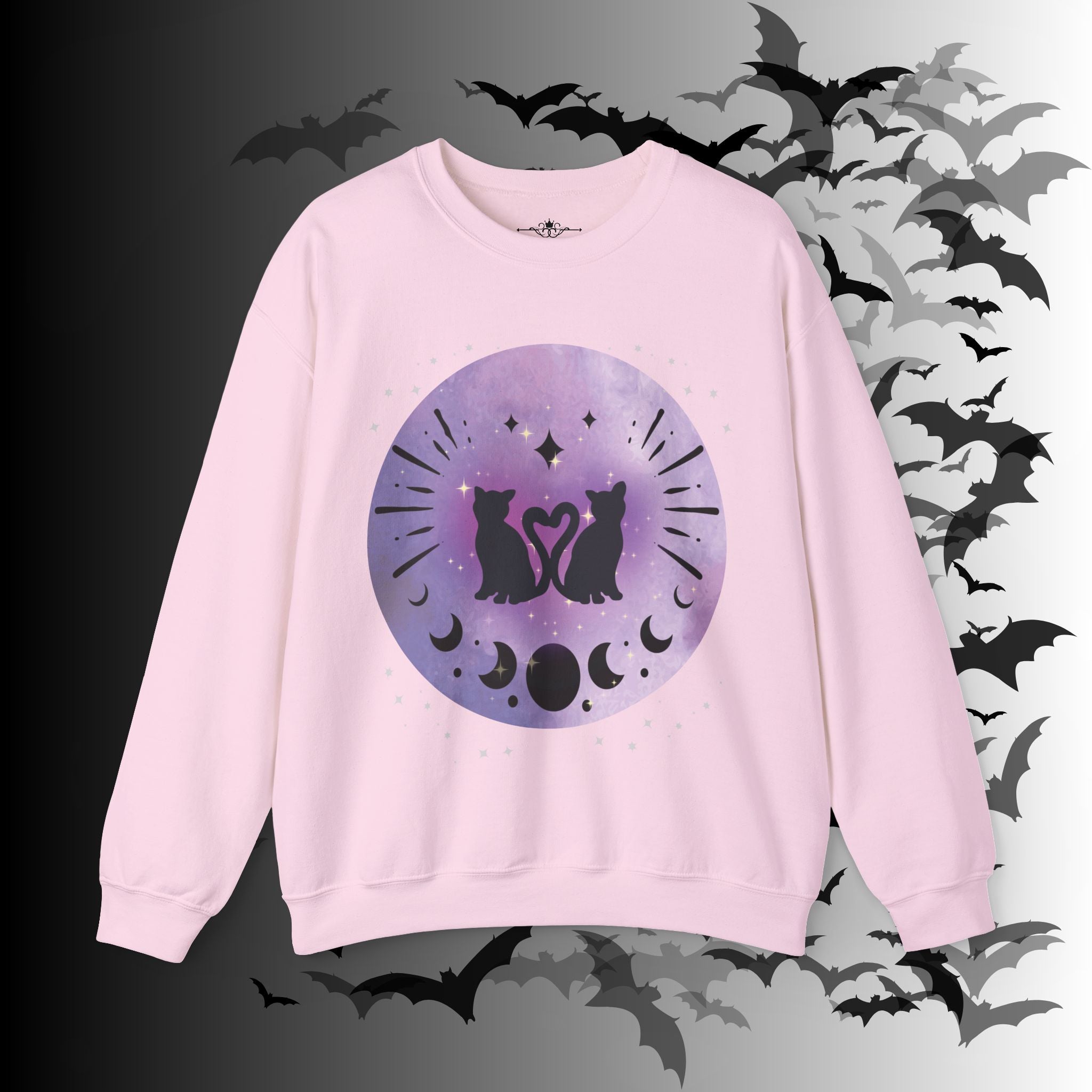 Celestial Twin Cats Heart Moon Crewneck Sweatshirt — Witchy Moon Phase