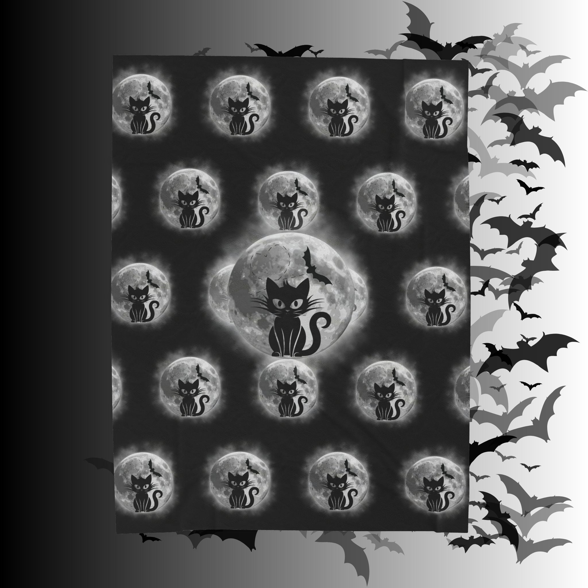 Gothic Black Cat Throw Blanket — Full Moon Bat Dark Home Decor