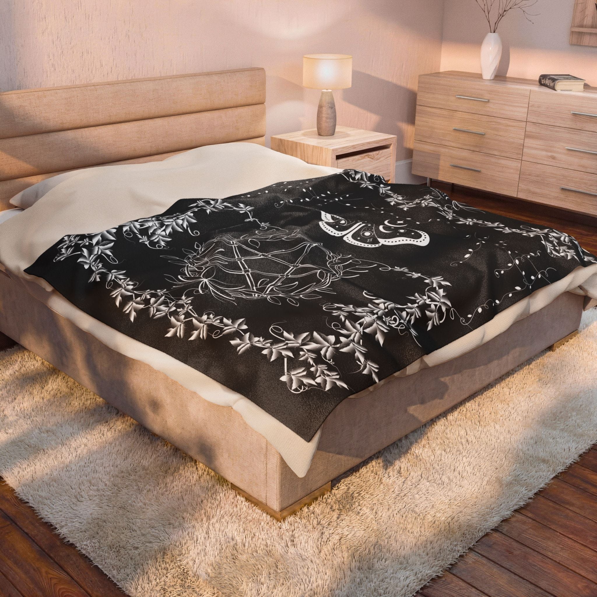 Witchy Luna Moth Pentagram Throw Blanket — Gothic Botanical Home Decor