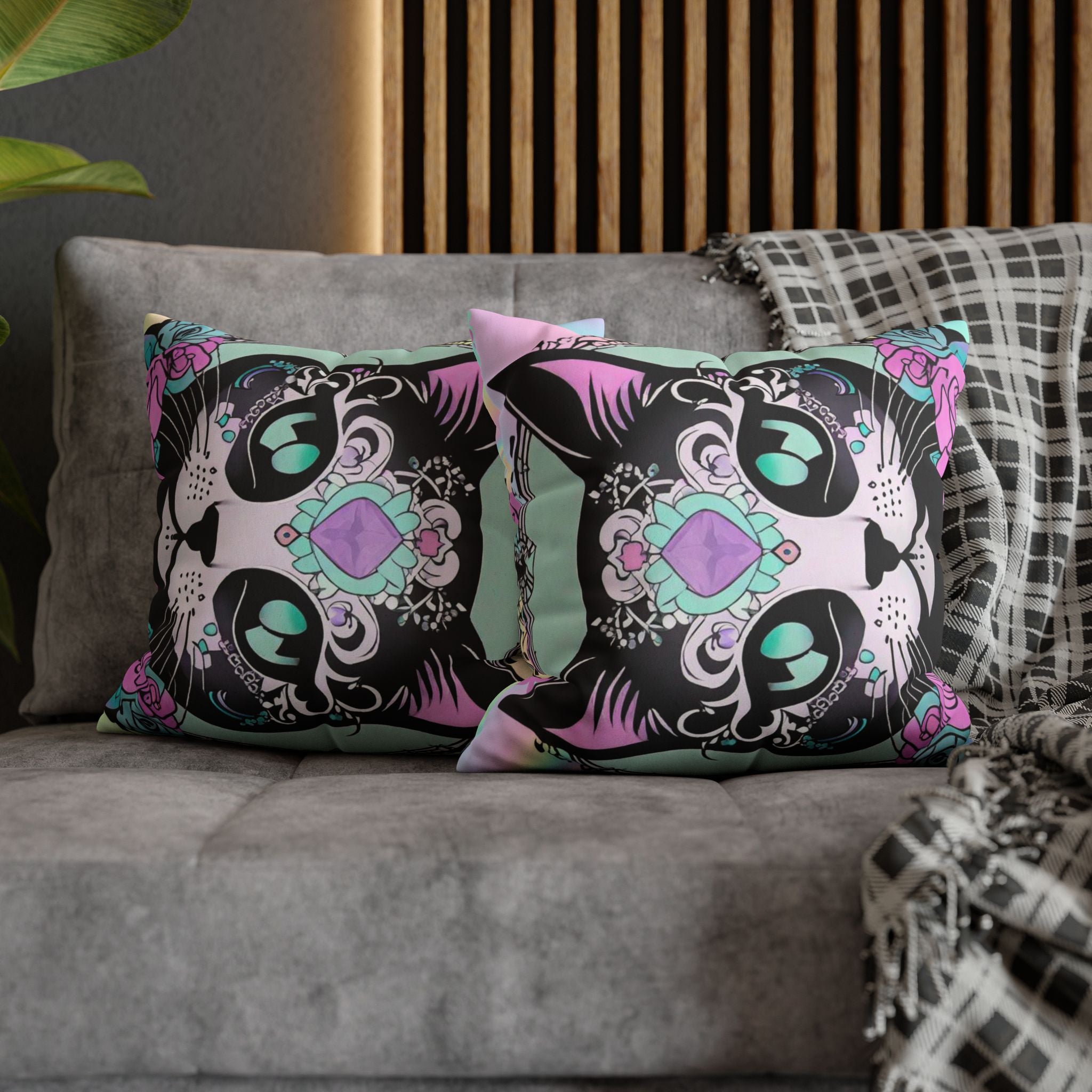 Pastel Goth Sugar Skull Cat Throw Pillow — Floral Gothic Home Decor