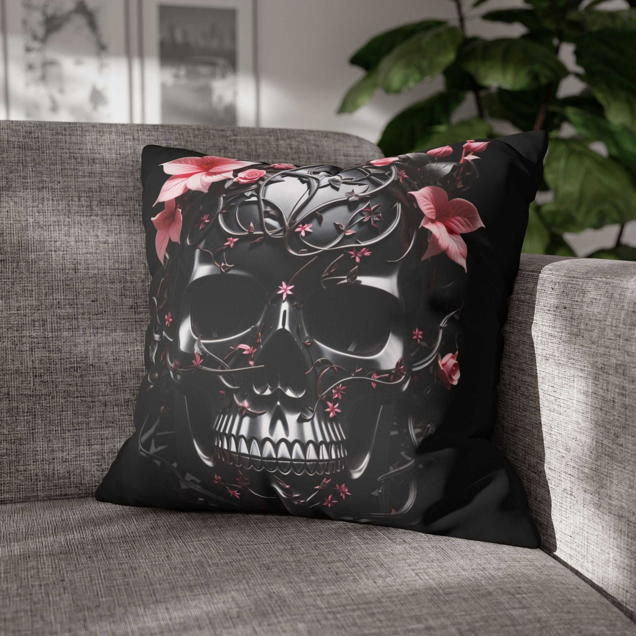 Gothic Botanical Skull Throw Pillow — Dark Floral Pastel Goth Home Decor