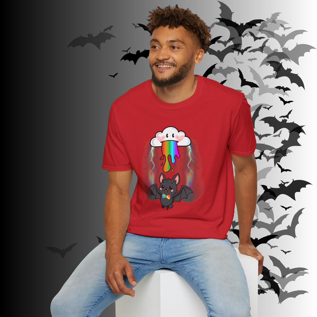 Rainbow Vomit Cloud Bat T-Shirt — Kawaii Goth Pride Unisex Tee