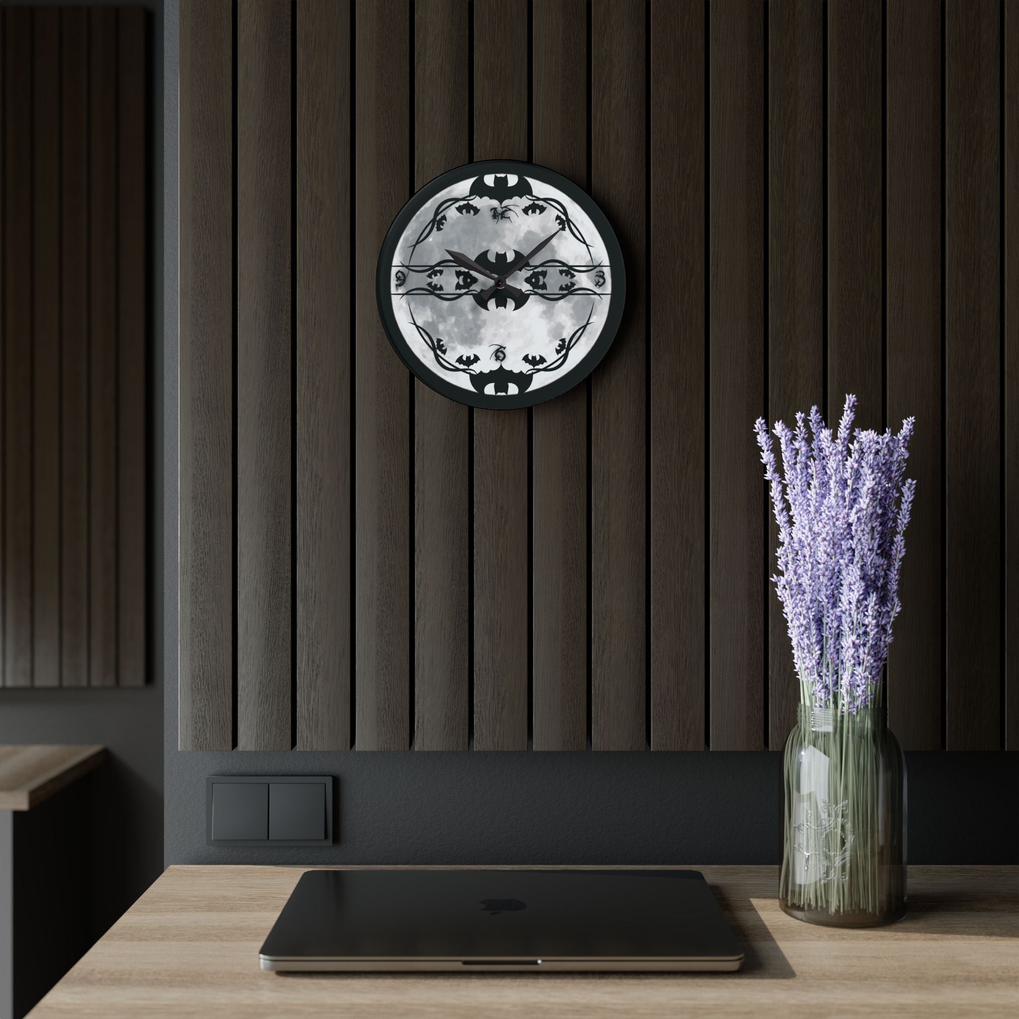 Gothic Bats Full Moon Wall Clock — Halloween Acrylic Art Print Home Decor