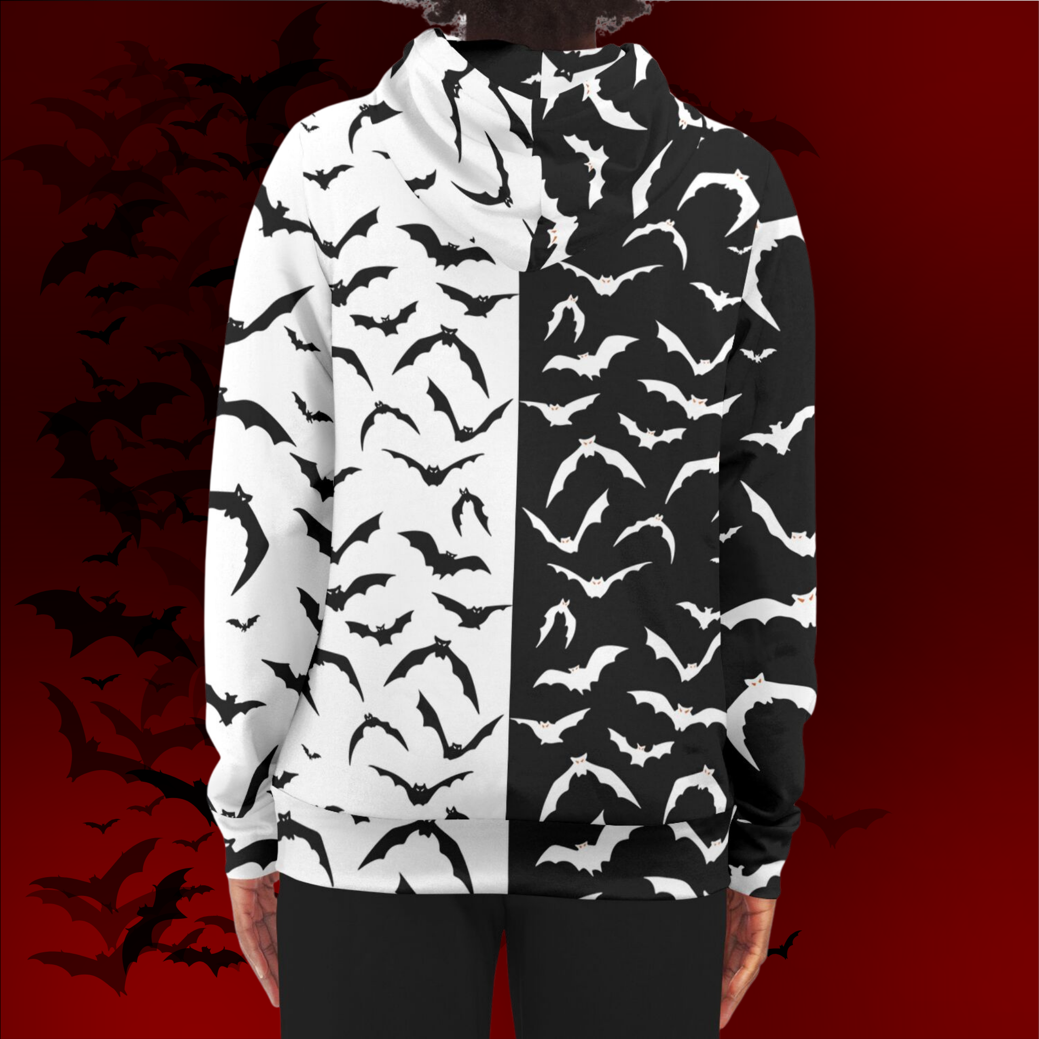 Black & White Bat All Over Print Zip Hoodie