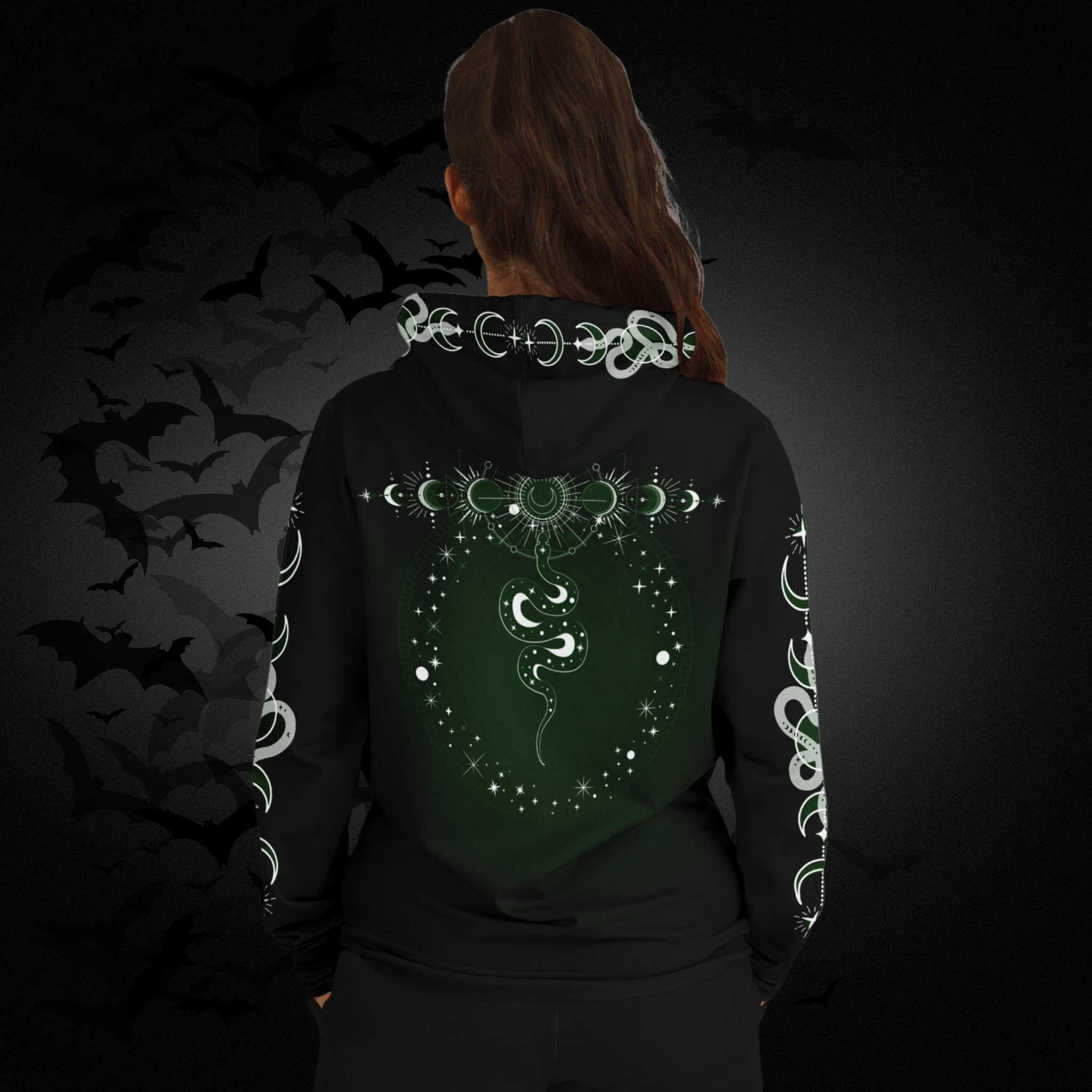 Celestial Serpent All Over Print Hoodie – Forest Green