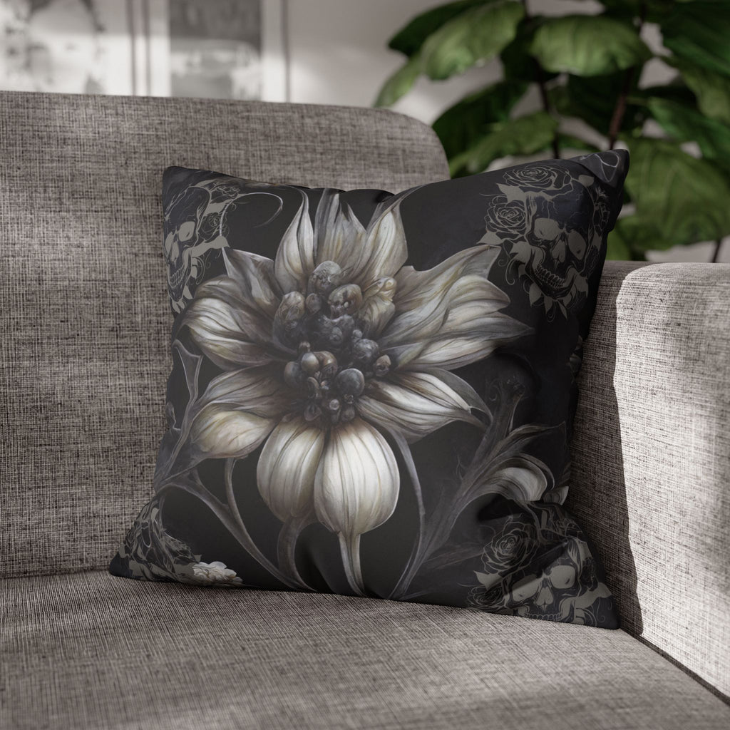 Gothic Skull Botanical Sunflower Throw Pillow — Dark Floral Home Decor
