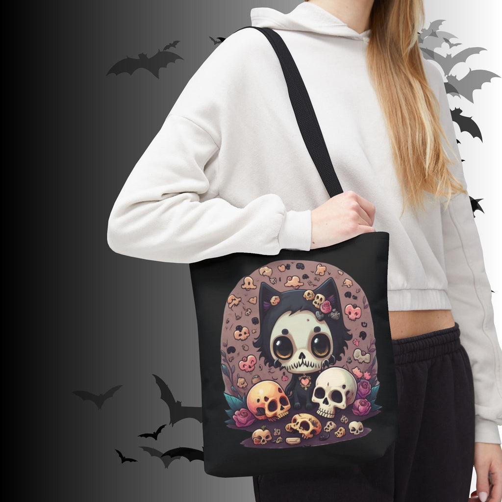 Kawaii Skull Cat Tote Bag — Gothic Cute Skull Illustration
