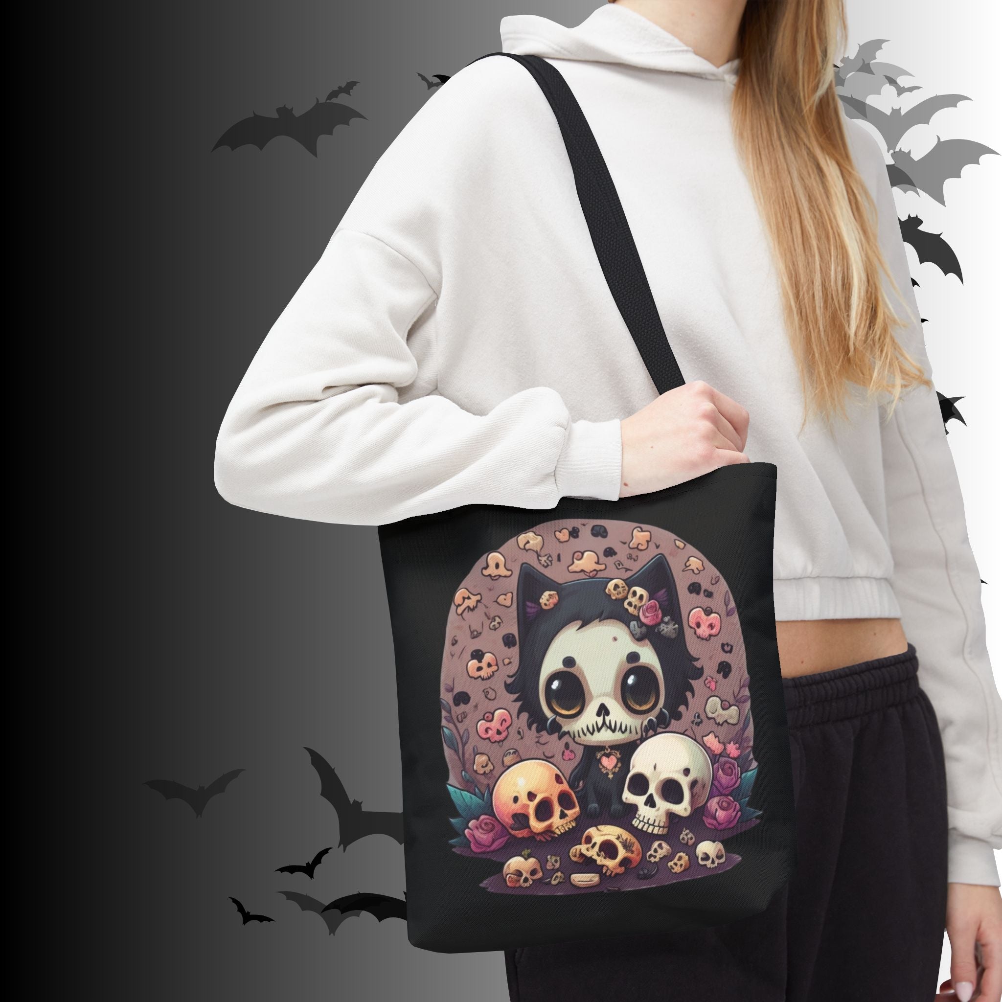 Kawaii Skull Cat Tote Bag — Gothic Cute Skull Illustration