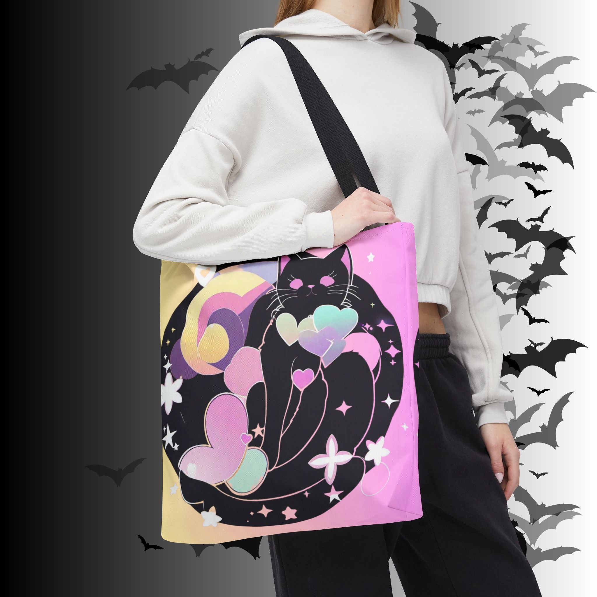 Pastel Goth Black Cat Heart Balloon Tote Bag — Kawaii Moon Print