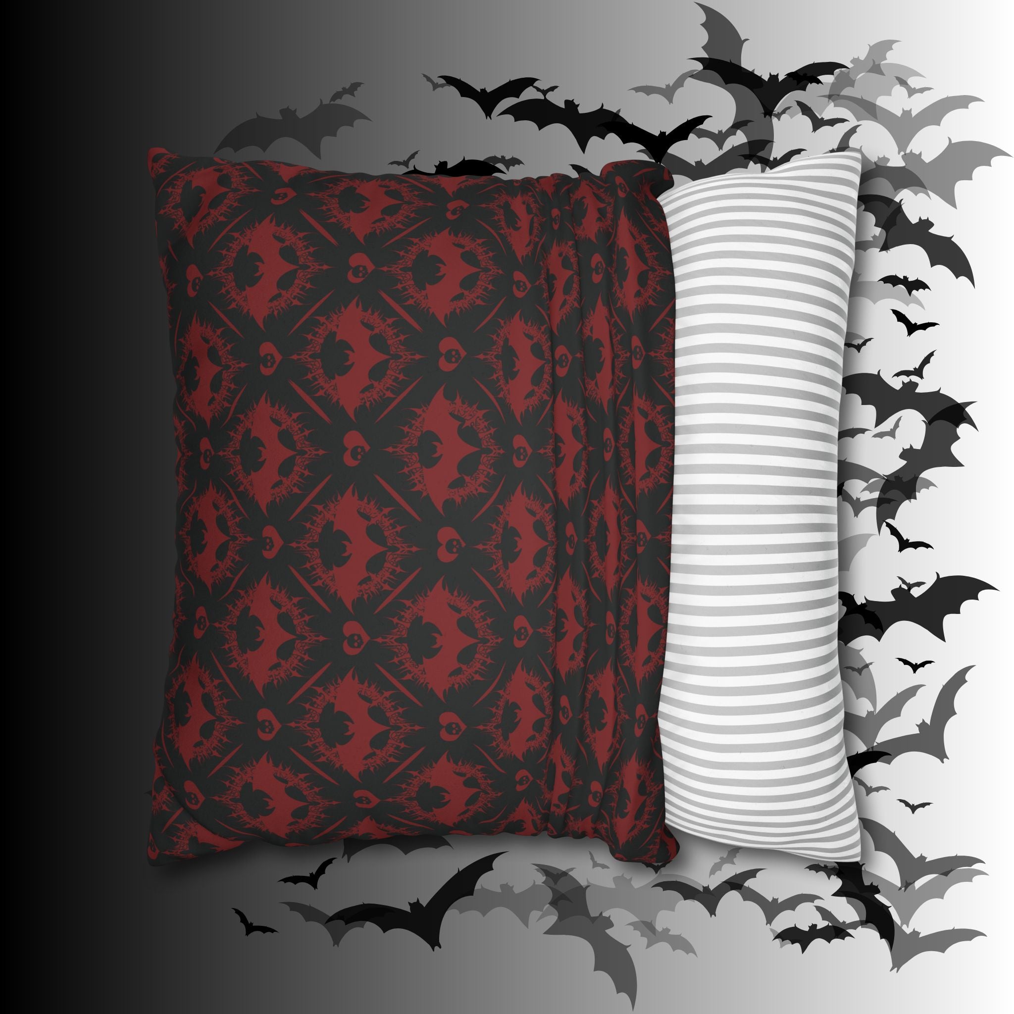 Gothic Bat Diamond Pattern Throw Pillow — Midnight Black Dark Home Decor