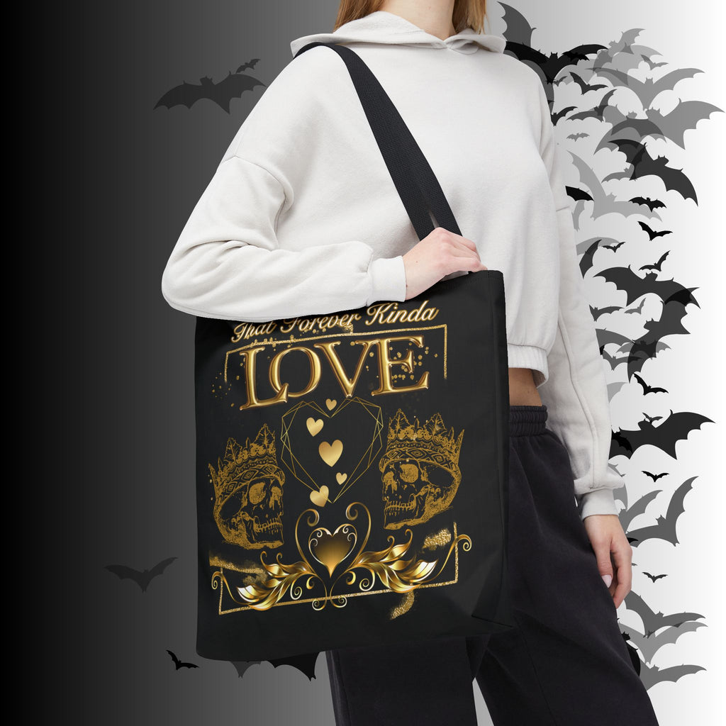"That Forever Kinda Love" Gothic Skull Crown Tote Bag — Dark Romance Gold Print