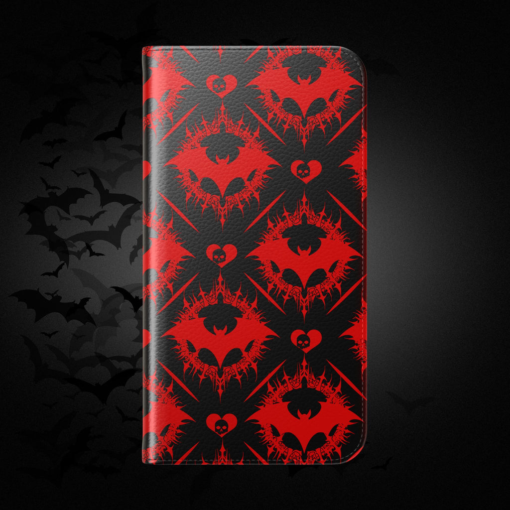 Gothic Bat Wallet Flip Case - Elegant Goth Phone Wallet - Bat Pattern Flip Case - Gothic Phone Case - Stylish Wallet Phone Case
