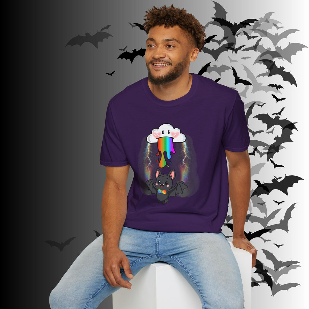 Rainbow Vomit Cloud Bat T-Shirt — Kawaii Goth Pride Unisex Tee