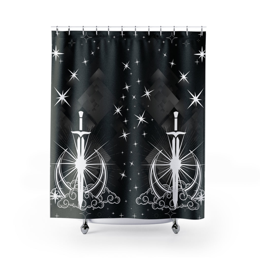 Celestial Sword Shower Curtain — Gothic Fantasy Moon Bathroom Decor