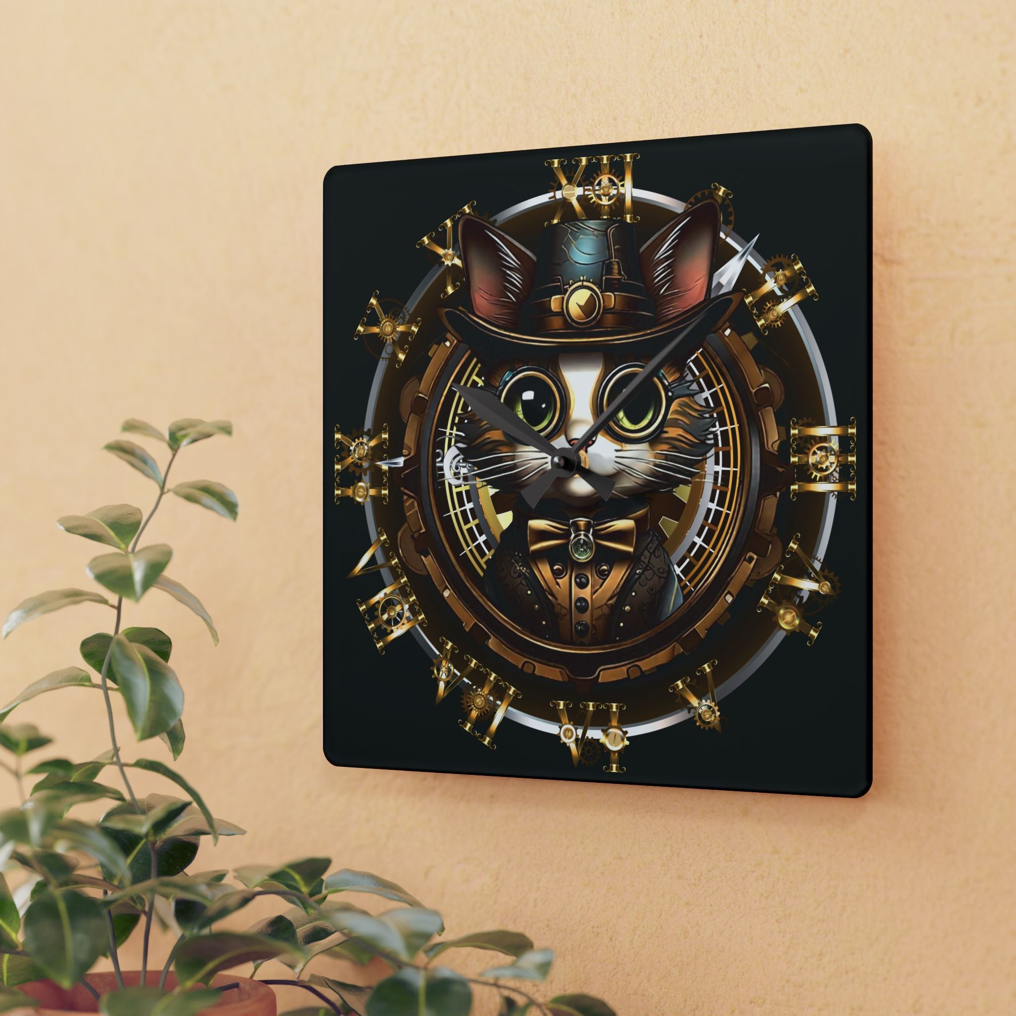 Steampunk Cat Wall Clock — Victorian Gear Acrylic Art Print Home Decor
