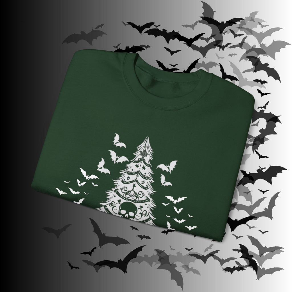 Merry Creepmas Tree Crewneck Sweatshirt — Gothic Christmas Skull Bat