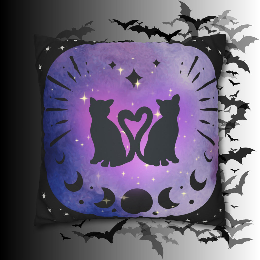 Lunar Love Cats Moon Phases Throw Pillow — Celestial Gothic Dark Home Decor