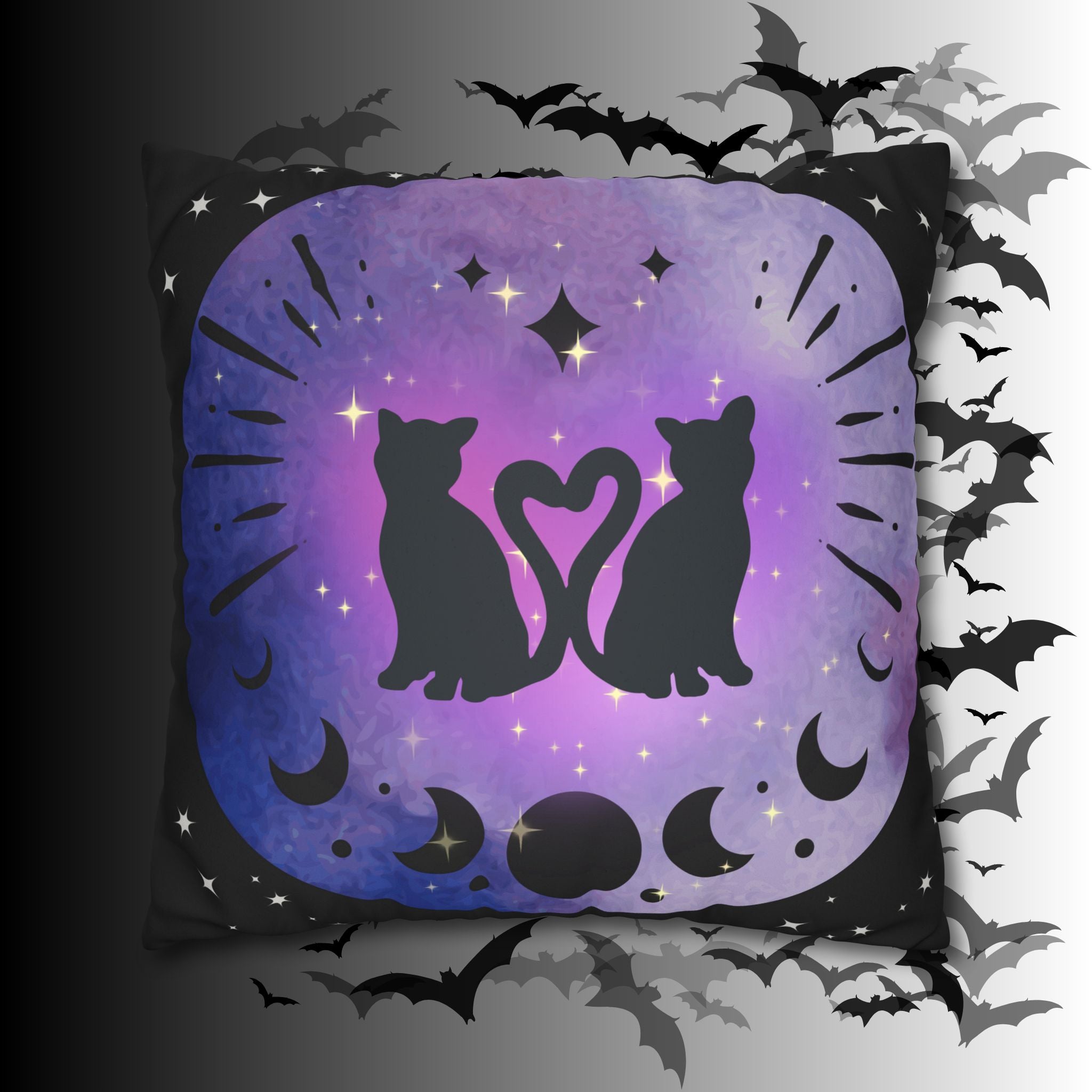 Lunar Love Cats Moon Phases Throw Pillow — Celestial Gothic Dark Home Decor