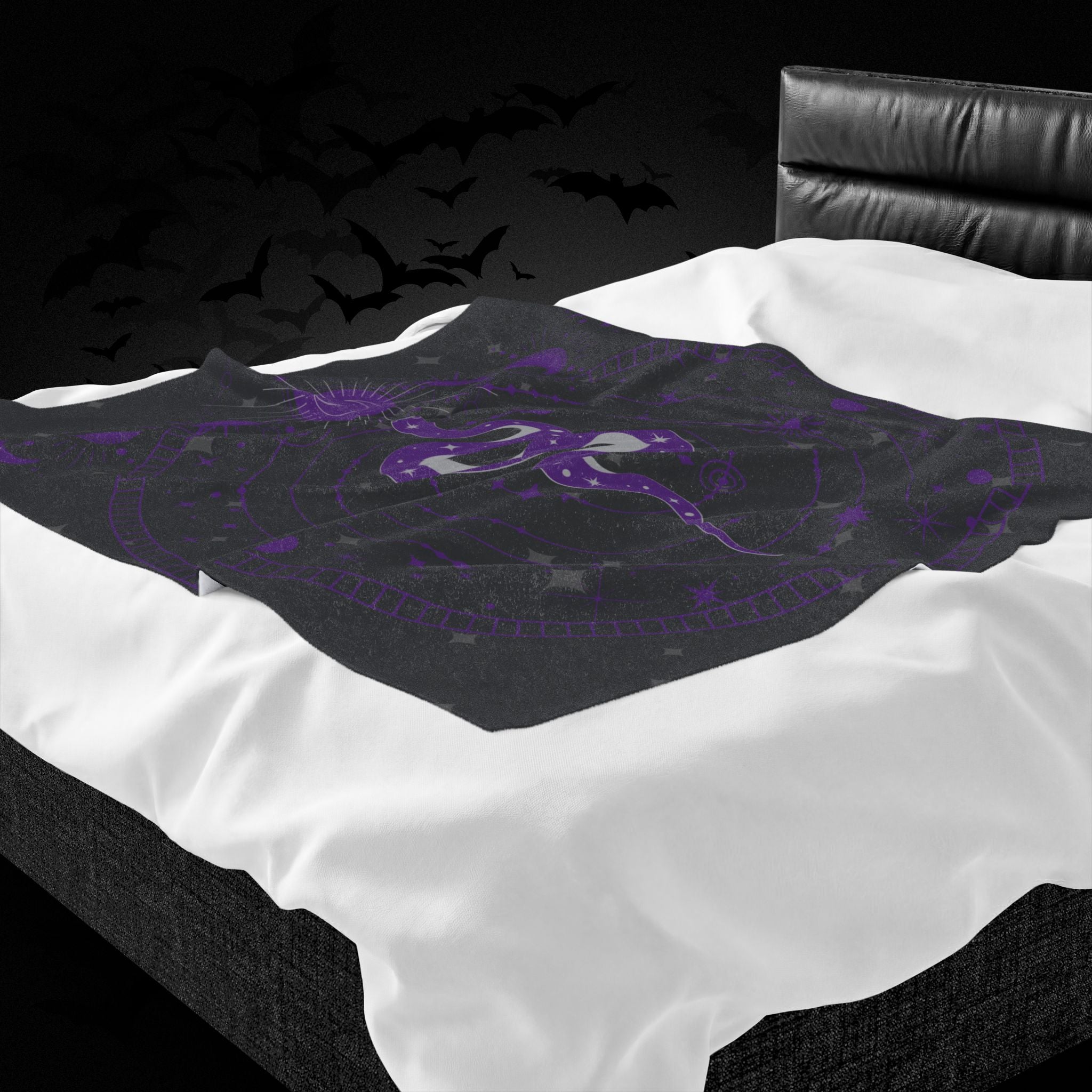 Gothic Celestial Snake Moon Phase Throw Blanket — Purple & Black Witchy Decor